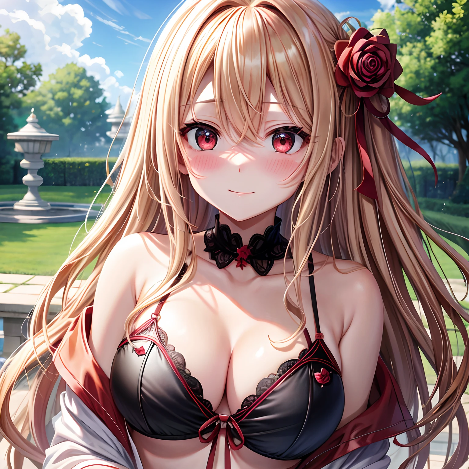 red blush、Wavy blonde hair、red eyes、Beautiful girl alone、animesque、独奏、Black Bikini、A sexy、gravure、rose garden、lonely、