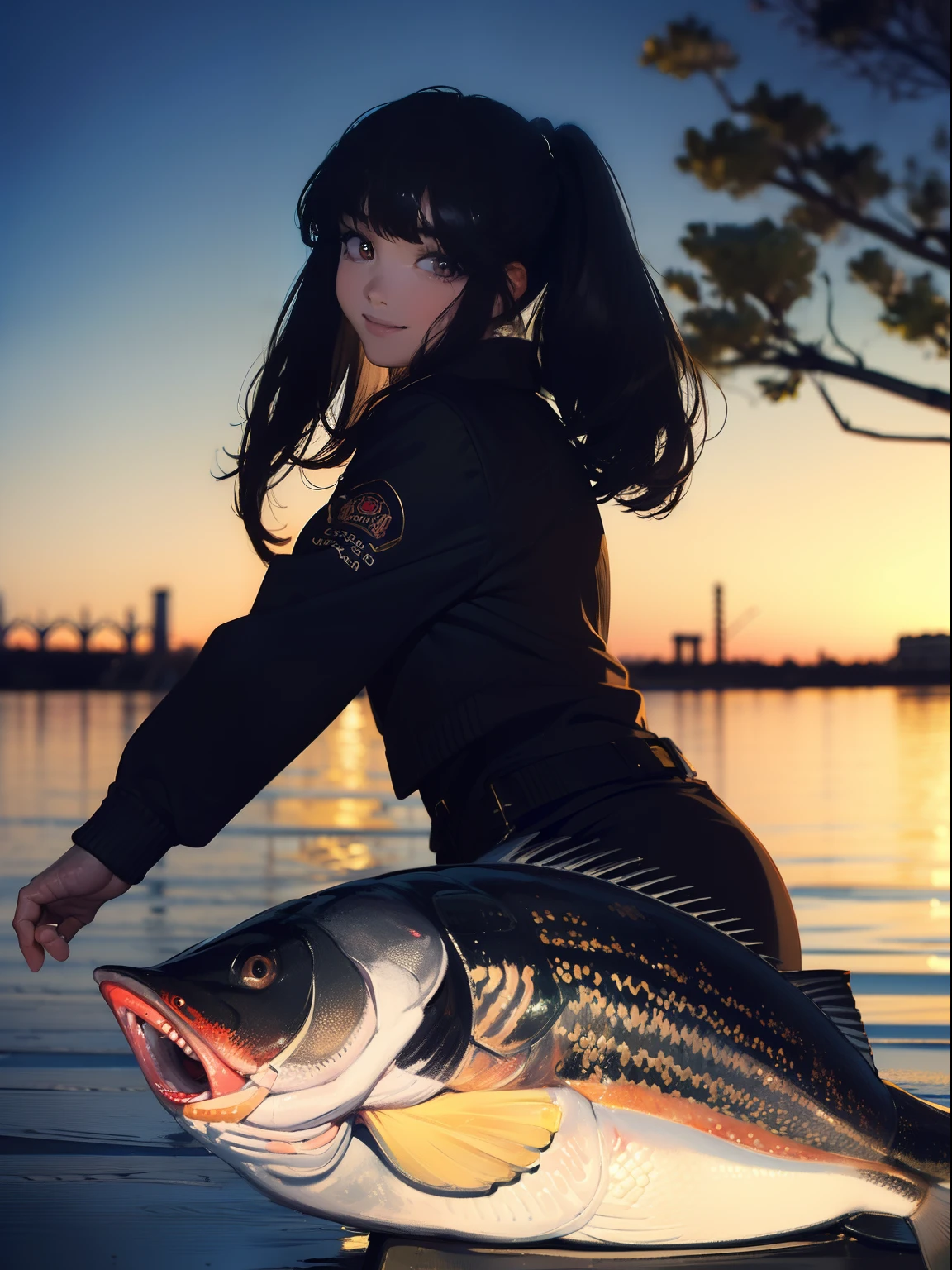 ((((Catch a big black bass by the lakeside:1.5)))),((1 Female 22 years old))((Best Quality, masterpiece :1.5)),(((Hands with the correct number and structure of fingers:1.4))),hight resolution,ultra-detailliert,​masterpiece,best qualtiy,,Black hair, long eyeslashes, Solid Circle Eyes, Smiling Woman, drop shadow, Atmospheric perspective,Super Detail, ccurate, small brest,(Black jacket :1.1),top-quality, blurry backround, bokeh dof:1.2, (​masterpiece:1.3),  Atmospheric perspective,Super Detail,dynamic compositions