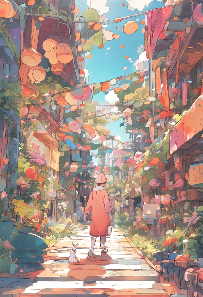 pastelcolor:1.3)、(cute illustration:1.3)、 Detailed background、beautiful with detail、moya、Extremely colorful、marbled、Particles of Light、patterns、 Detailed drawing、Vibrant colors、Striking contrast、intricately details、Delicate depiction、Glowing、 Illuminated by the morning light, (Dynamic Angle, shot from afar, Wide shot, in a panoramic view, Magnificent view:1.25)、 「That summer」If you call it, You will remember and start wearing a collar every summer