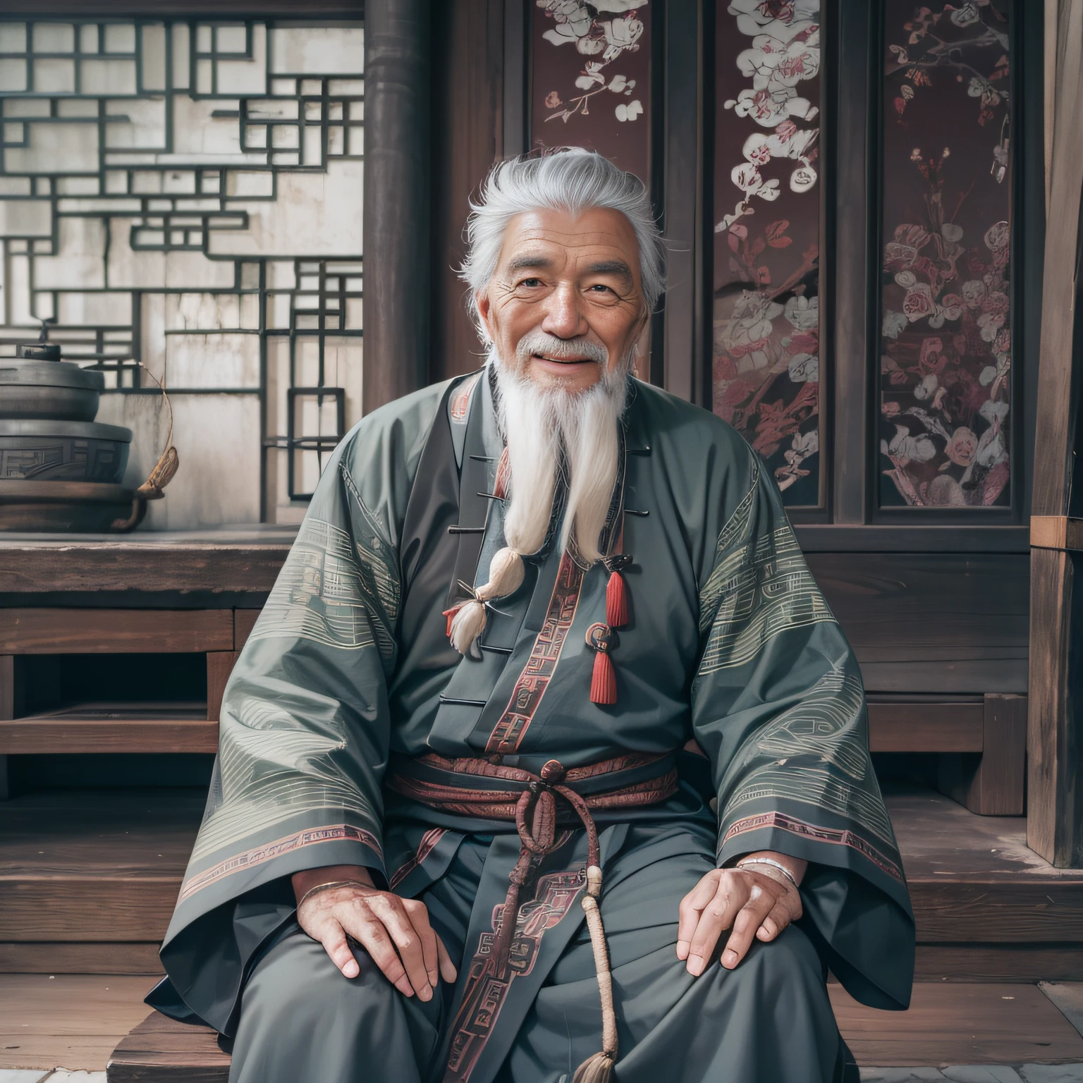 A gray-haired old man, Dressed in gray ancient Chinese clothing, Smiling, 80 years old,Middle of the lens,Little white beard,Ancient,
Indoors, Chinese Taoist Temple, Ancient chinese temple,sitting cross-legged,Ancient Chinese architecture,
Medium shot, Best quality,photographed,