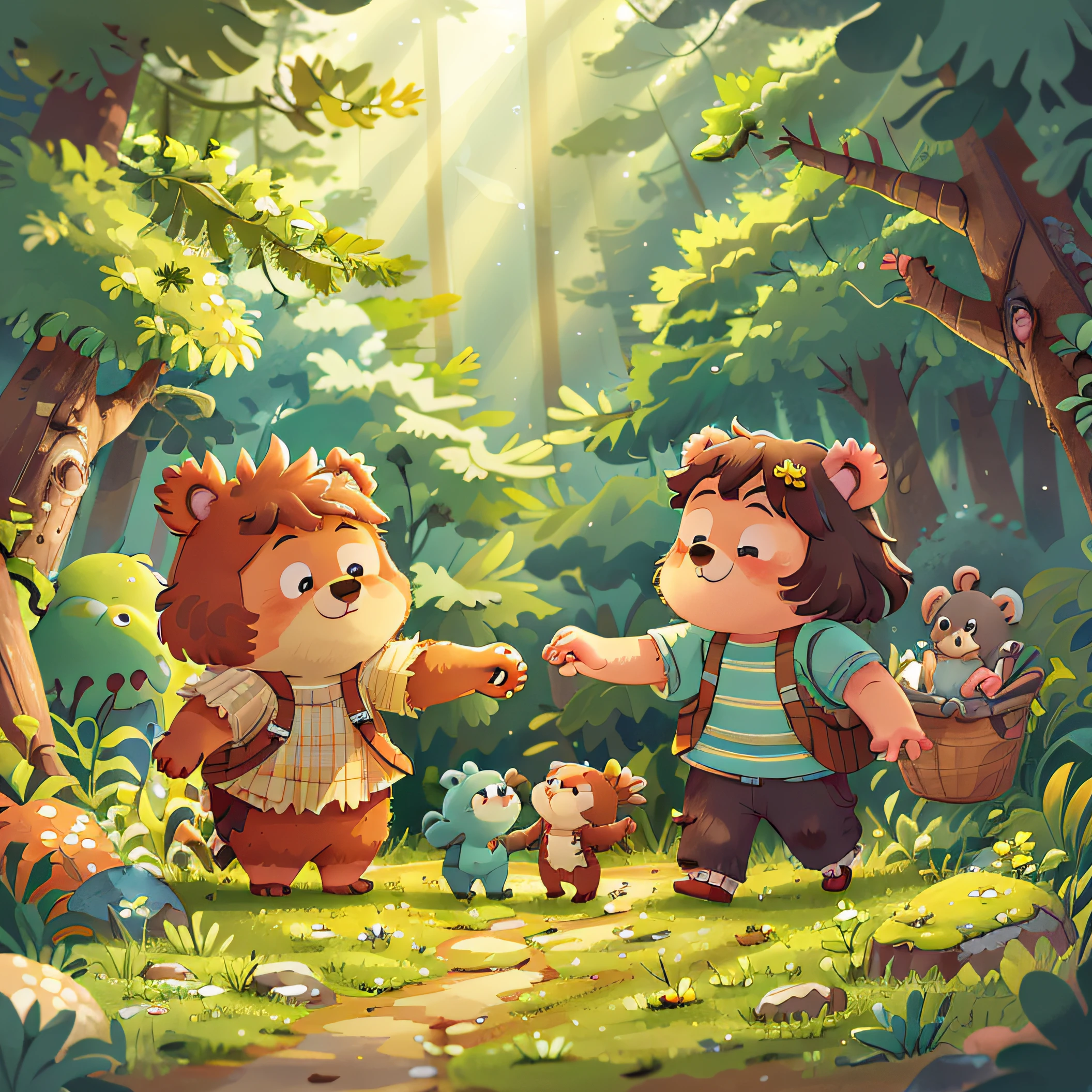 "(adventure, two animated cute adorable bear characters, both bears are playful girl bears, they are playing and holding hands, best friends, having a fun-filled time in a lively forest teeming with tall trees and joyous birdsong)."