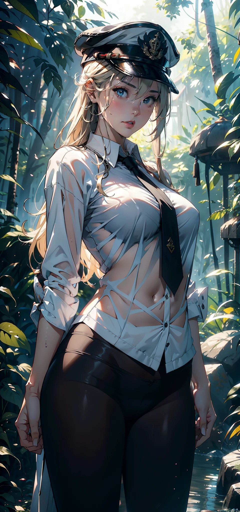 1female，41 years old，熟妇，plumw，Bigchest，Big breasts Thin waist，long leges，nice hand，Pornographic exposure， 独奏，（Background with：ln the forest，the rainforest，in summer，Water on the ground，exteriors） ，Stride，Sweat profusely，drenched all over the body，seen from the front，Blonde Straight Hair ， The hair was long，mostly cloudy sky，（（（tmasterpiece），（Very detailed CG unity 8K wallpaper），best qualtiy，cinmatic lighting，detailed back ground，beatiful detailed eyes，Bright pupils，（Very fine and beautiful），（Beautiful and detailed eye description），ultra - detailed，tmasterpiece，）），face to the viewer，frontage，A high resolution，ultra - detailed）nakeness，Wipe off panties，revealing breasts，Bare genitalia， Bulge，Camel toes，Raised sexy，Lewd expression，Flushed complexion，Open-mouthed，frontage，military hat，holdingsword（Wearing：White loose ruffled shirt，Black pantyhose，black necktie）