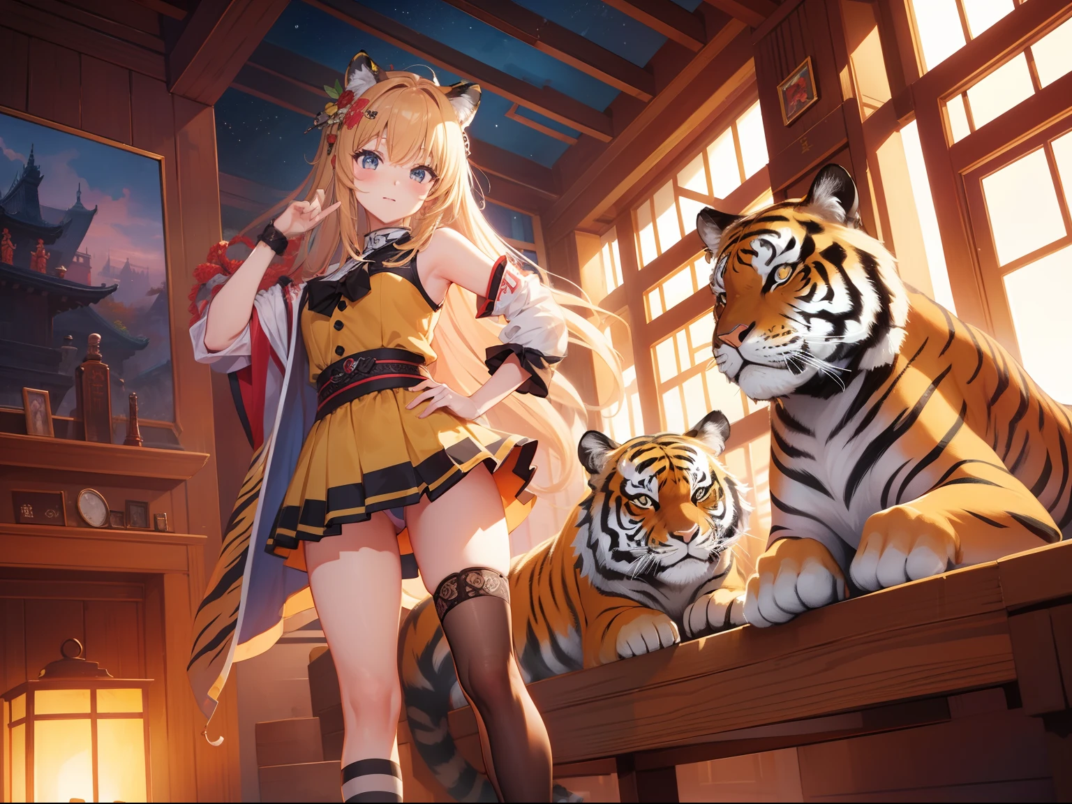 top-quality、masterpiece、Tiger Maiden、Pose of Oh、menace、kawaii