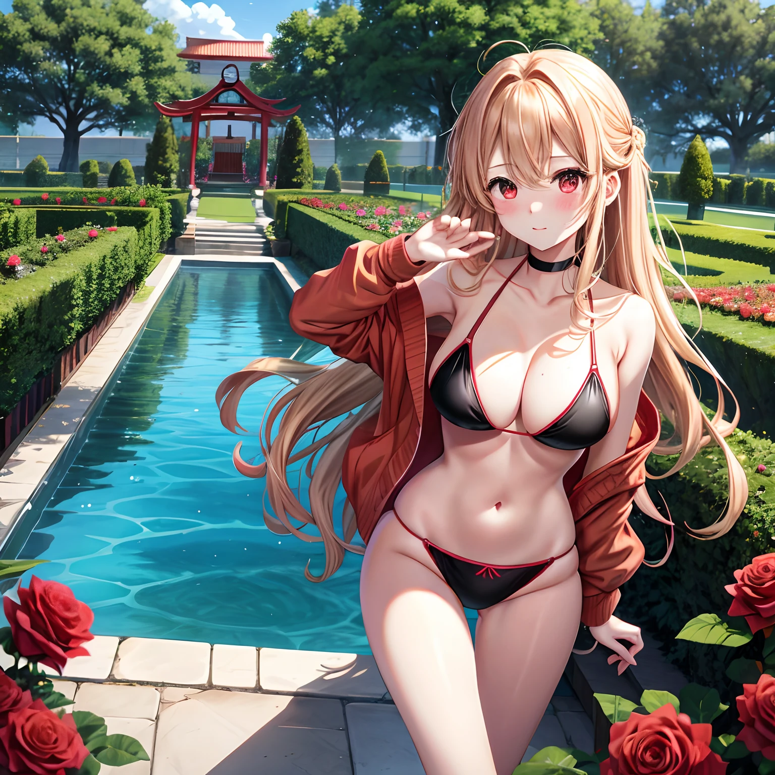 red blush、Wavy blonde hair、red eyes、Beautiful girl alone、animesque、独奏、Black Bikini、A sexy、gravure、rose garden、lonely、