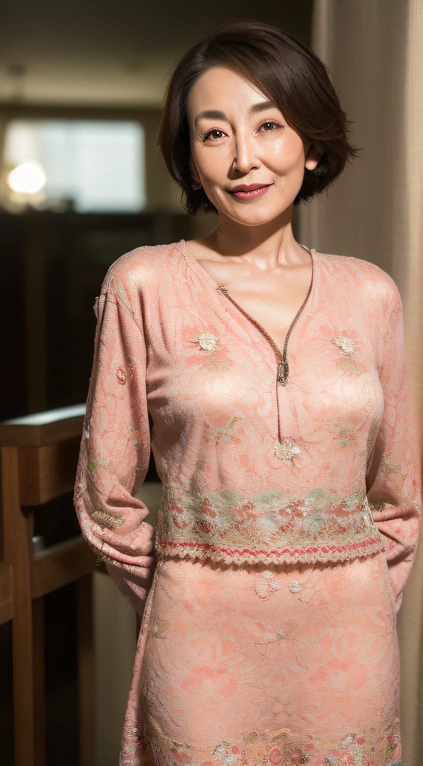 Mature actress, intaglio, Bright environment, (((Sharpen))), (((Hide your hands behind your back))), ultra-realistic realism, {{{masutepiece}}}, {{{Best quality}}}, {{Ultra-detailed}}, {{Extremely Delicately Beautiful}}, Moisturizes eyes, Extremely detailed, ((Natural complexion)), Fancy makeup, lipstick, ((A MILF)), ((Hide your hands behind your back)), A MILF, ((masutepiece)), top-quality, high-level image quality,16 k, (Emphasis on the chest), ((staring at this)), 90 years old,