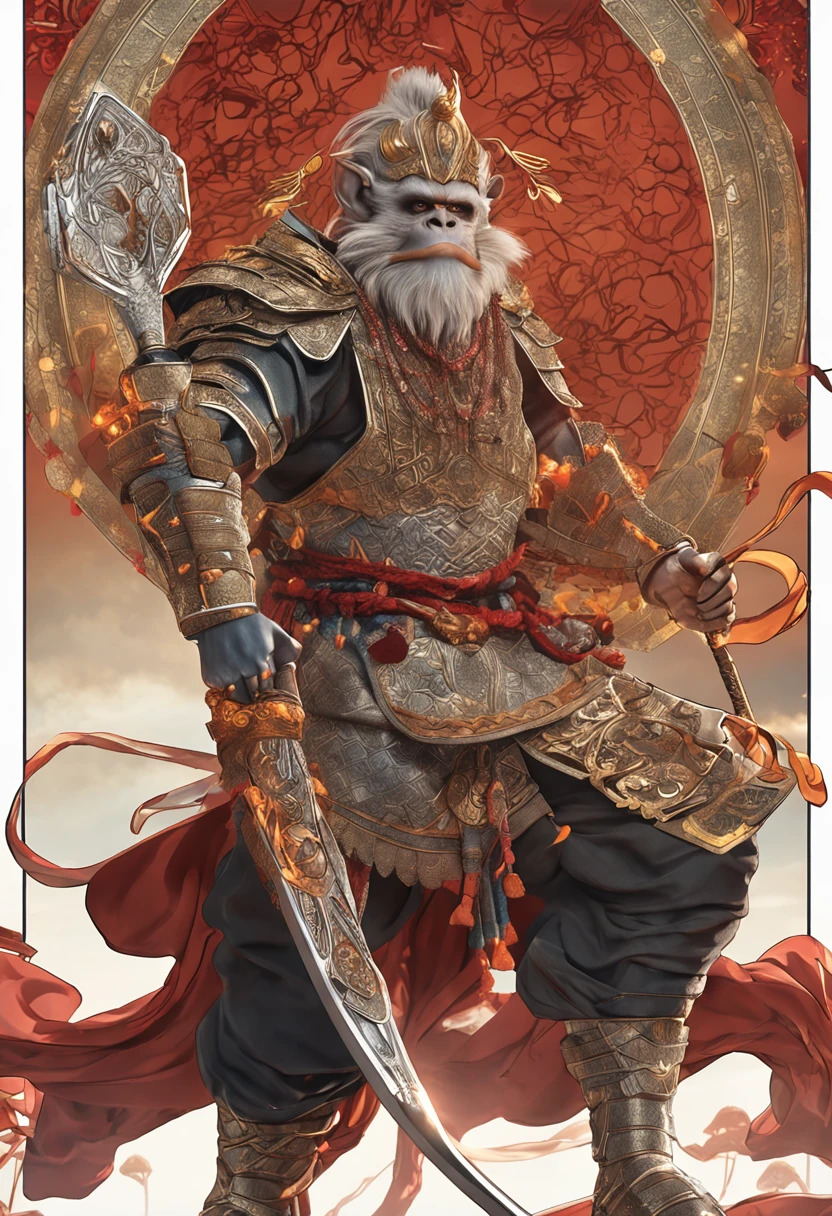 (Masterpiece, A sacred portrayal of the Monkey King:1.4), Wukong,solo, Holding a long golden stick,Wearing chain mail,Combat posture,tmasterpiece,ultraclear,UHD,extreme hight detail,The background is sky and clouds,suns,shine