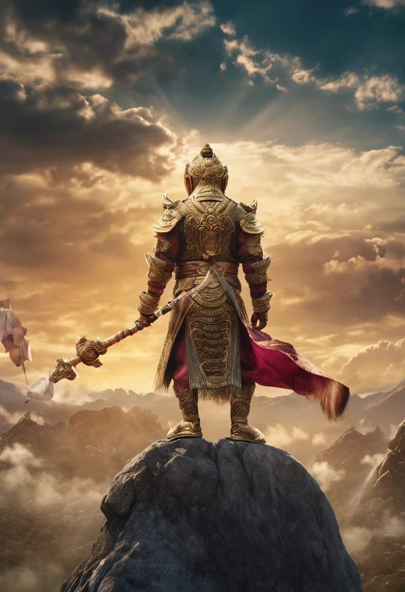 (Masterpiece, A sacred portrayal of the Monkey King:1.4), Wukong，solo, Holding a long golden stick，Wearing chain mail，Combat posture，tmasterpiece，ultraclear，UHD,extreme hight detail，The background is sky and clouds，suns，shine