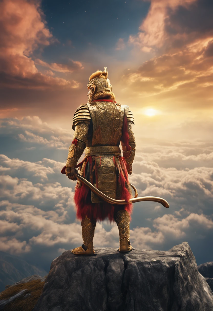 (Masterpiece, A sacred portrayal of the Monkey King:1.4), Wukong,solo, Holding a long golden stick,Wearing chain mail,Combat posture,tmasterpiece,ultraclear,UHD,extreme hight detail,The background is sky and clouds,suns,shine
