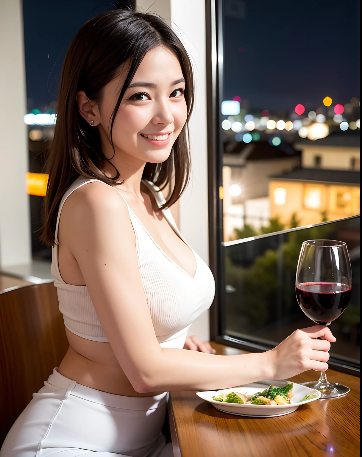 (64K, UHD, top quality, masterpiece: 1.2), (realistic, photorealistic: 1.37), super detailed, pretty woman 1 person, (slim face), (slim body), (brown hair), (short cut), cheeks slightly blushing, (44 years old), 38 years old, solo, beautiful detailed urban night view outside the window, restaurant, wine glasses sit, at night, in a prominent placeNovaFrogStyle, Actress, Model, Waist Up, White Wine, Slim, Wine Glass, Super Clean Night View, Wine Glass Put in the Middle, Happy Smile, (Smile: 1.15), Beautiful Fine Eyes, Upper Body, Bust Japan Up, Night, Short, Short, Actress, Model, Waist Up, White Wine, Slim, Wine Glass, Super Clean Night View, Wine Glass Put in the Middle, Happy Smile,