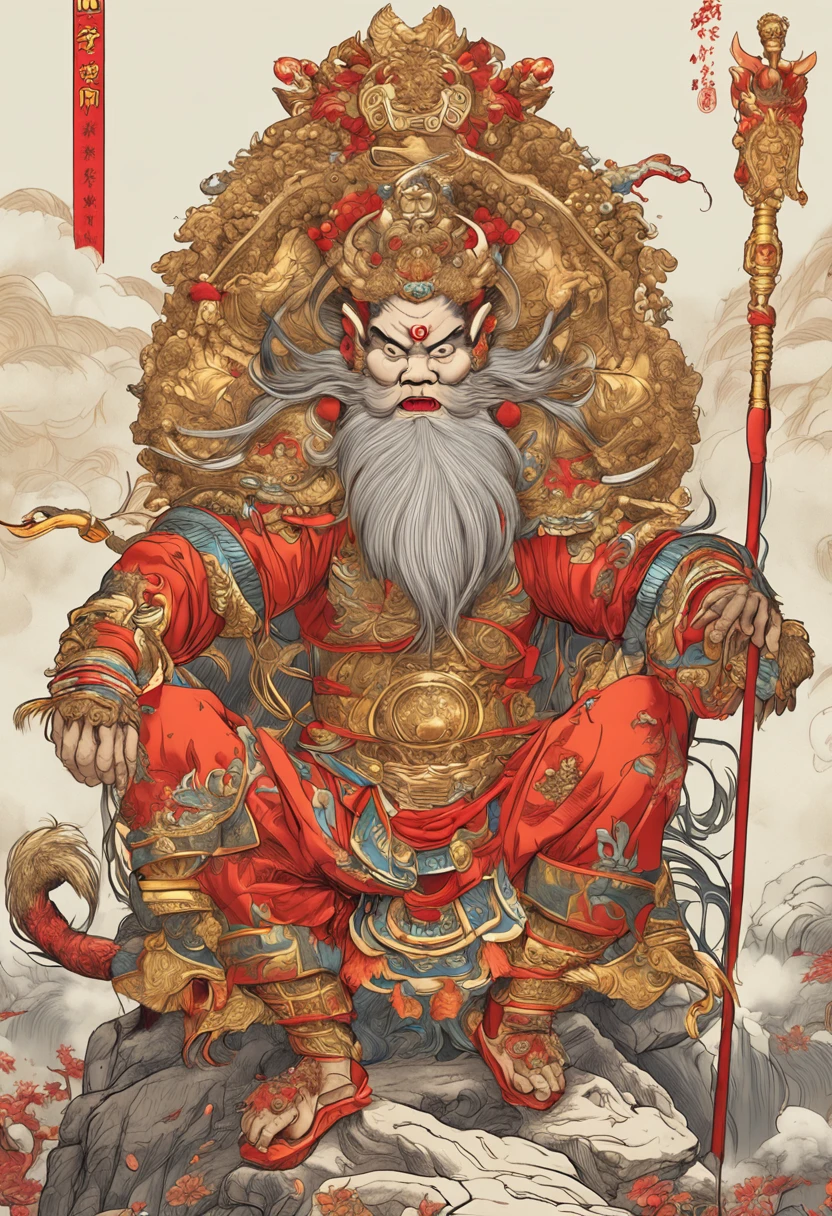 (Masterpiece, A sacred portrayal of the Monkey King:1.4), Wukong,(Charming illustration of monkey god in his iconic appearance:1.2), (Meticulous details capture his palatial presence:1.2), (Created to commemorate mythical figures in Chinese folklore:1.2), (Sun Wukong wears a golden crown, Symbolizes his pious status:1.3), (His hairy muscles exude strength and majesty:1.3), (Dressed in bright red and gold robes, Pay tribute to his legendary journey:1.1), (Holding a long golden stick, Firmly rooted in the ground, The embodiment of his power:1.3).CGI, vfx, SFX, insanely detailed and intricate, hyper-maximalist, Ultra photo realsisim, volumetr, Photorealistic, The ultra-realistice, Ultra-detailed, Intricate details, Super detailed, Full color, Volumetric lightning, hdr, Realistic, illusory engine, 16k, Sharp focus, rendering by octane