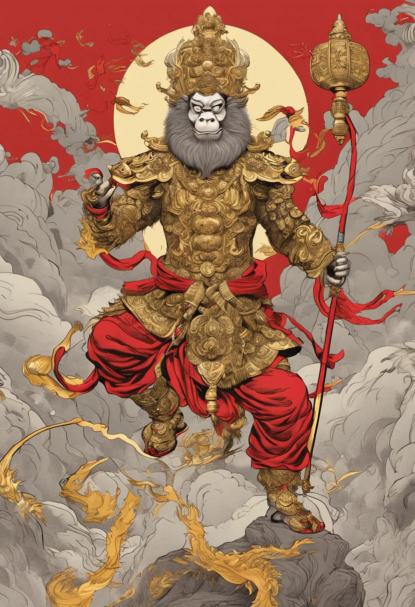 (Masterpiece, A sacred portrayal of the Monkey King:1.4), Wukong，(Charming illustration of monkey god in his iconic appearance:1.2), (Meticulous details capture his palatial presence:1.2), (Created to commemorate mythical figures in Chinese folklore:1.2), (Sun Wukong wears a golden crown, Symbolizes his pious status:1.3), (His hairy muscles exude strength and majesty:1.3), (Dressed in bright red and gold robes, Pay tribute to his legendary journey:1.1), (Holding a long golden stick, Firmly rooted in the ground, The embodiment of his power:1.3).CGI, vfx, SFX, insanely detailed and intricate, hyper-maximalist, Ultra photo realsisim, volumetr, Photorealistic, The ultra-realistice, Ultra-detailed, Intricate details, Super detailed, Full color, Volumetric lightning, hdr, Realistic, illusory engine, 16k, Sharp focus, rendering by octane