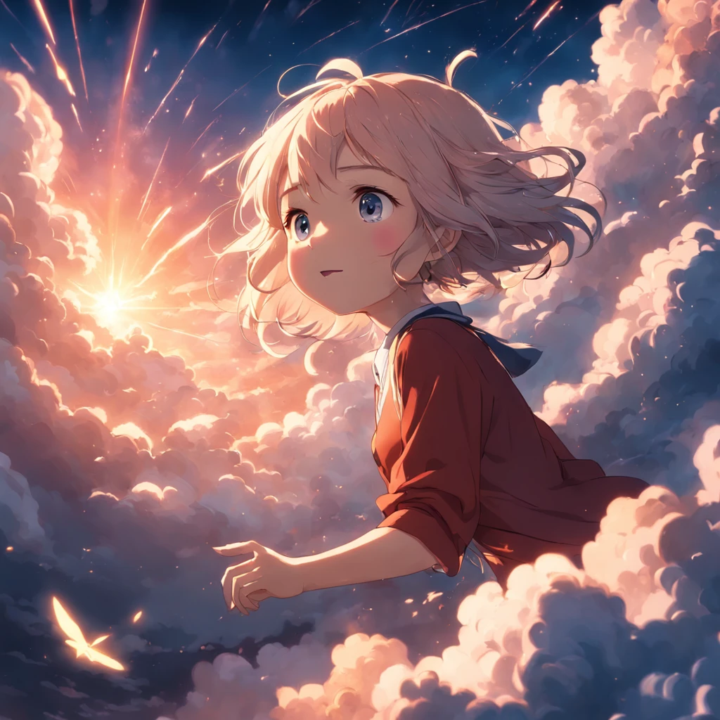 masterpiece, best quality, movie still, 1girl, cloud girl, floating in the sky, close-up, bright, happy, warm soft lighting, sunset, (sparks:0.7)