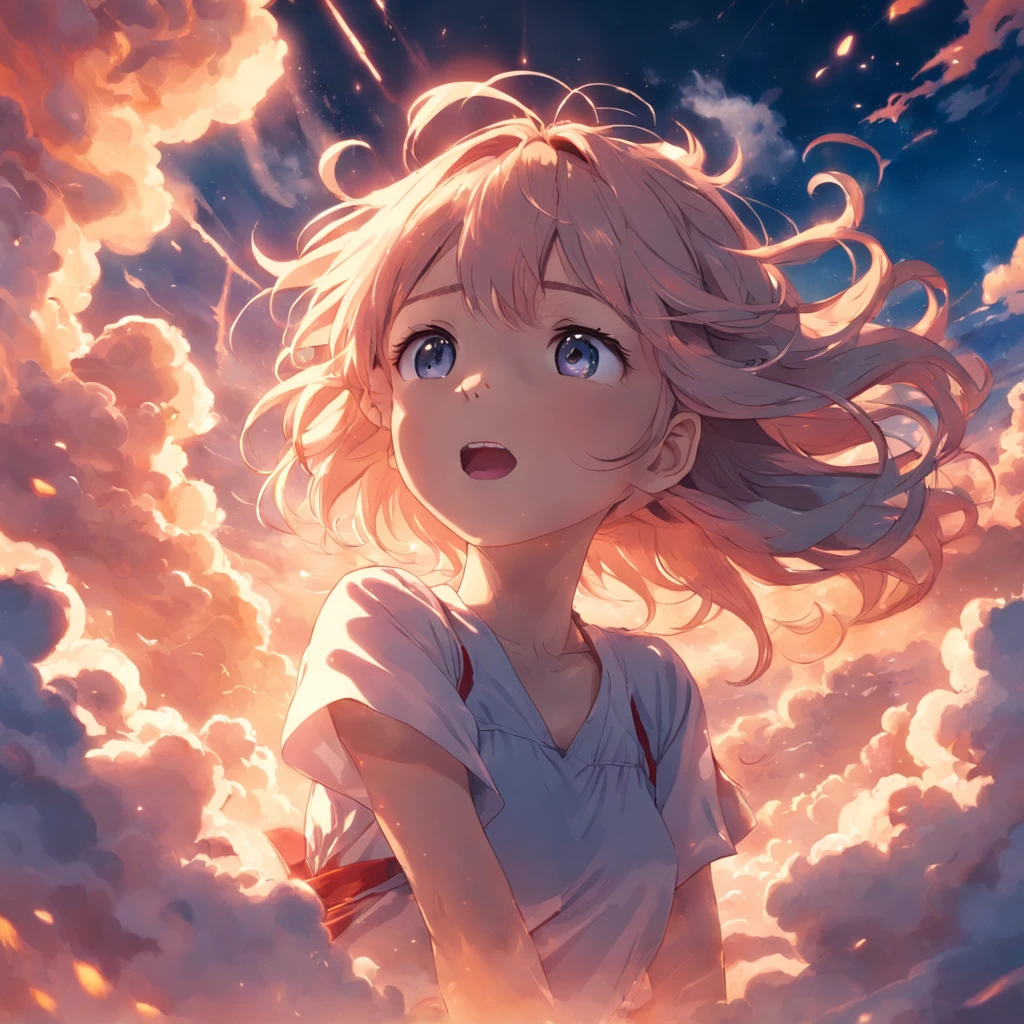 masterpiece, best quality, movie still, 1girl, cloud girl, floating in the sky, close-up, bright, happy, warm soft lighting, sunset, (sparks:0.7)