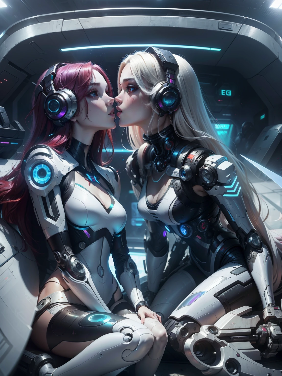 Masterpiece, Best Quality, Girls kissing , Slender, red Eyes, Hair Color, Iridescent, mech body, Long Hair Spreading, cyberpunk guns , White Skin, Medium, Cute, Sexy, Exposed Skin, Night, Psychedelic, Trip, Extreme Color, Paisley Theme, Legs, , Full Body