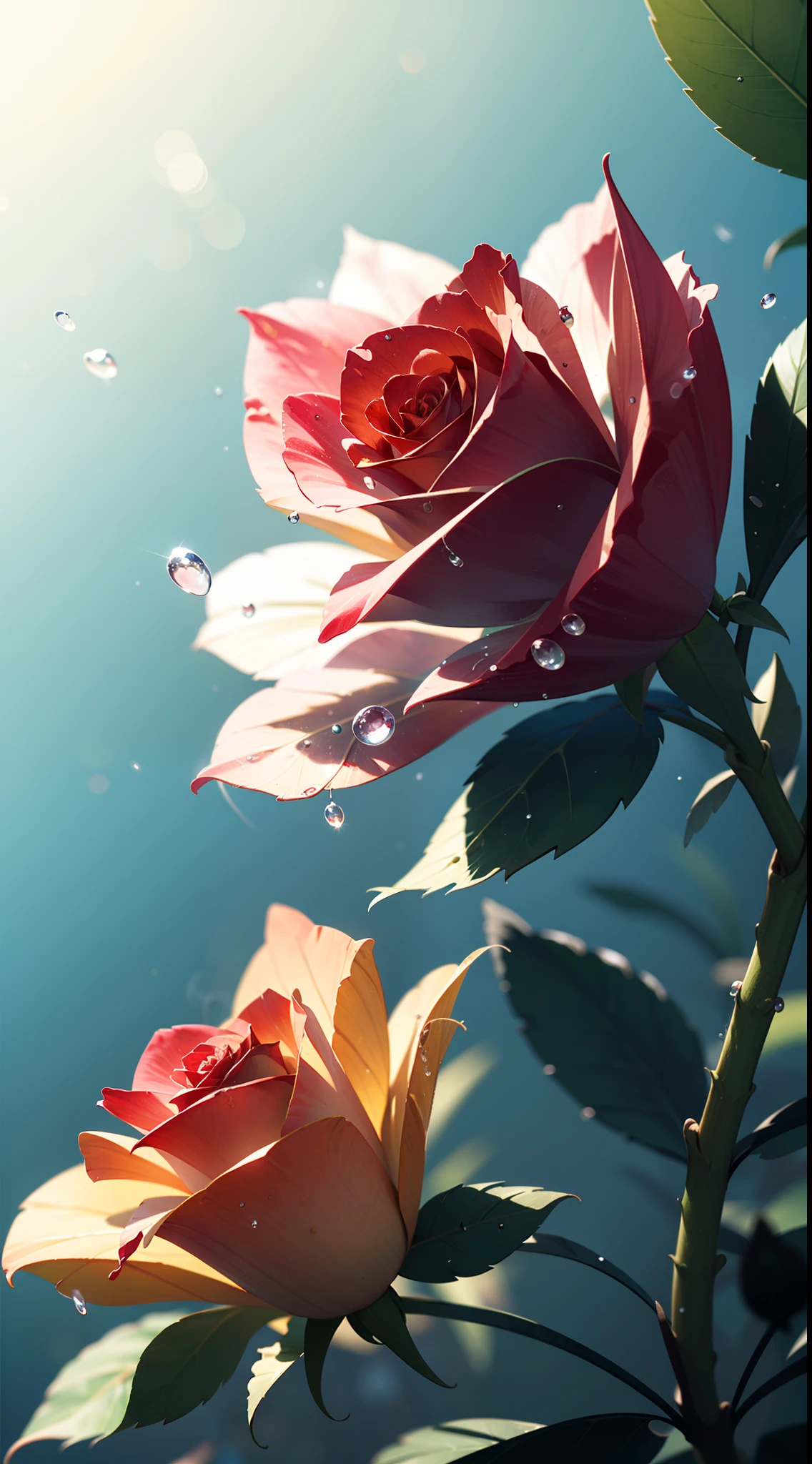 Masterpiece , Macro photography , cobweb, film grain, bokeh , smoke , highly detailed, Bright sunny weather, microflowers, drops, blur, realistic rose close-up, azure background, soft contrast, octane render , unreal engine