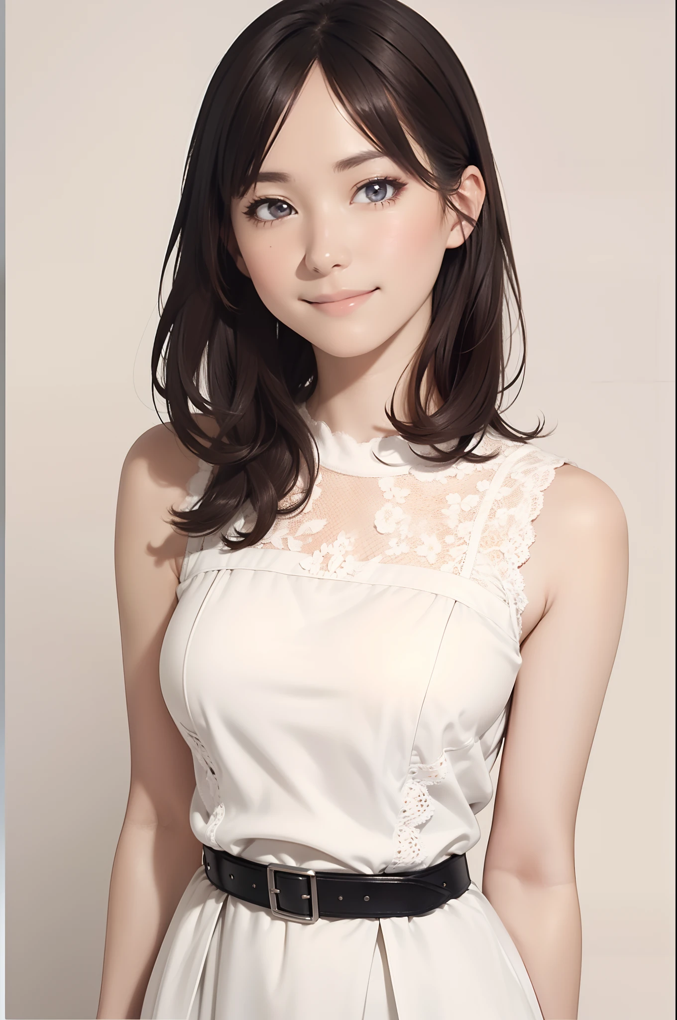 (masutepiece: 1.3), (max resolution: 1.2), (Ultra HDTV: 1.2), cinematric light, Ultra HDTV, (Detailed eyes and skin), (detailed facial features), nffsw, 8K resolution, Sharp Focus: 1.2, Beautiful face, acurate, Highly detailed face and skin texture, Detailed eyes, Brown eyes, Big Breast, Wearing a white dress, (White dress), Smile Face, Break a simple background, (Flat color), (Sleeveless), Staring at me, Belt around the waist