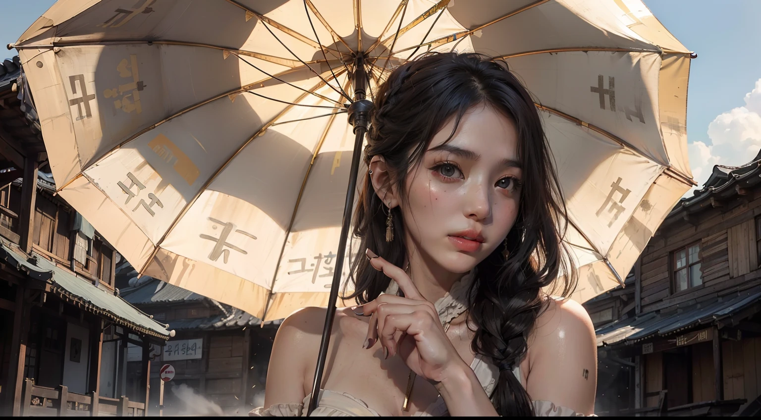 (realisitic,Photorealsitic:1.4),(1 Beauty:1.3),(beautiful countenance:1.5),Detailed shiny skin,A detailed eye,Precise hands and fingers,8K HDR, , masterpiece, (Dynamic angle footage),电影灯光, Finely drawn backgrounds,(steampunc,Decadent,Sci-fi,Mud, dust and dirt,Traces of war:1.2)Beautiful Koreans,off shoulders,Silky hair,Braided hair,moscow,Rural town,Holding an umbrella,Smaller chest,