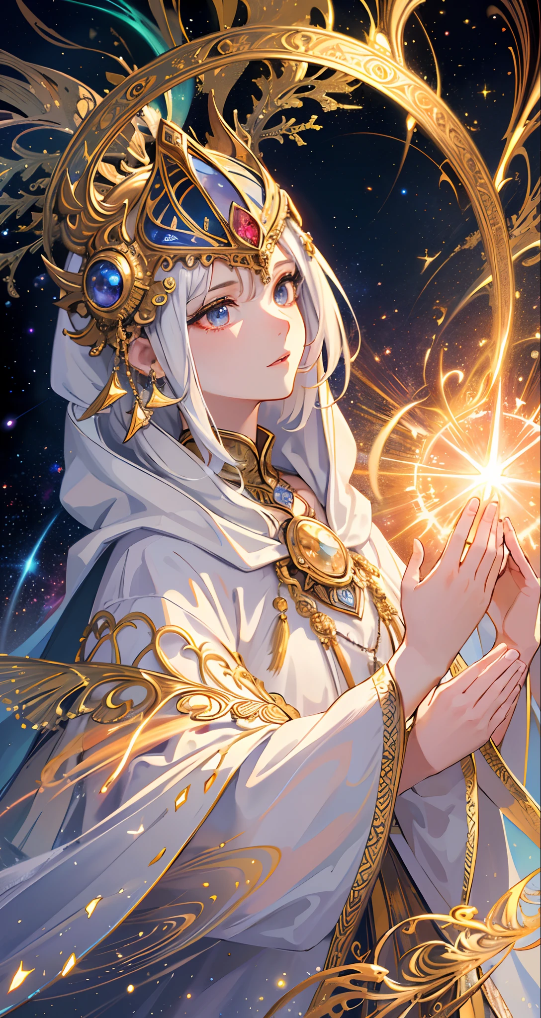 (masterpiece, top quality, best quality, official art, beautiful and aesthetic:1.2), (1man), extreme detailed, (fractal art:1.3), colorful, highest detailed, perfect face, upper body, HDR, (praying:1.3), (white cloak golden lines:1.2), galaxy, (light streaks), striking visuals, (dynamic streaks, luminous trails:1.2), vibrant colors,