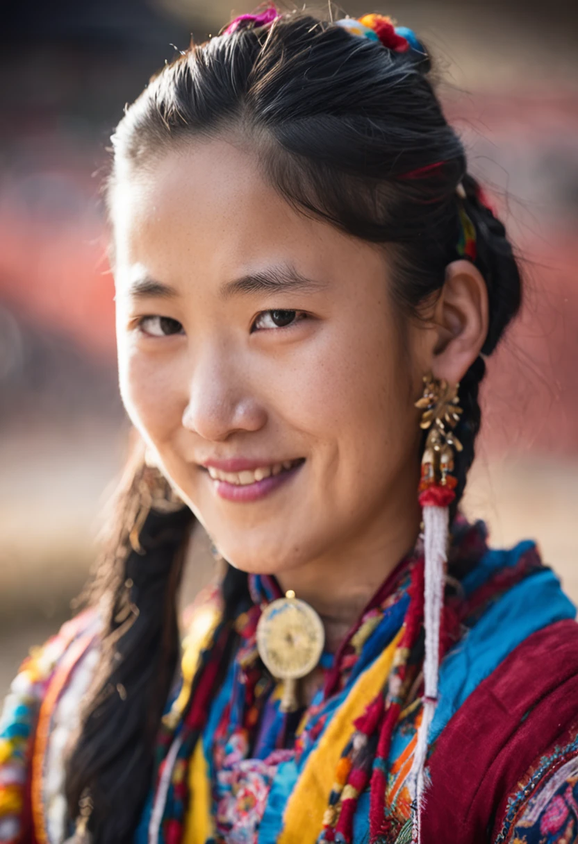 one-girl,long braid,Tibetan girl,closeup cleavage,Look up slightly,ssmile,Left and right body shots,The upper part of the body,Frontal photo,Tibetan clothing,Colorful costumes, Clothes with fluff, White flull,High-end Tibetan clothing,Cumbersome Tibetan costume design,Cold clothing,Winter clothing,Rounded face shape,Gorgeous Tibetan costumes,Cumbersome Tibetan necklace,Cumbersome Tibetan headdress,Colored head strap,Live-action CG,Sweet style,Film wind,HD 4K,Photography effects,Studio effect,White glow,Mythical wind,Snowfield background,Character core,Picture ratio 16:9,The mask is fresh。