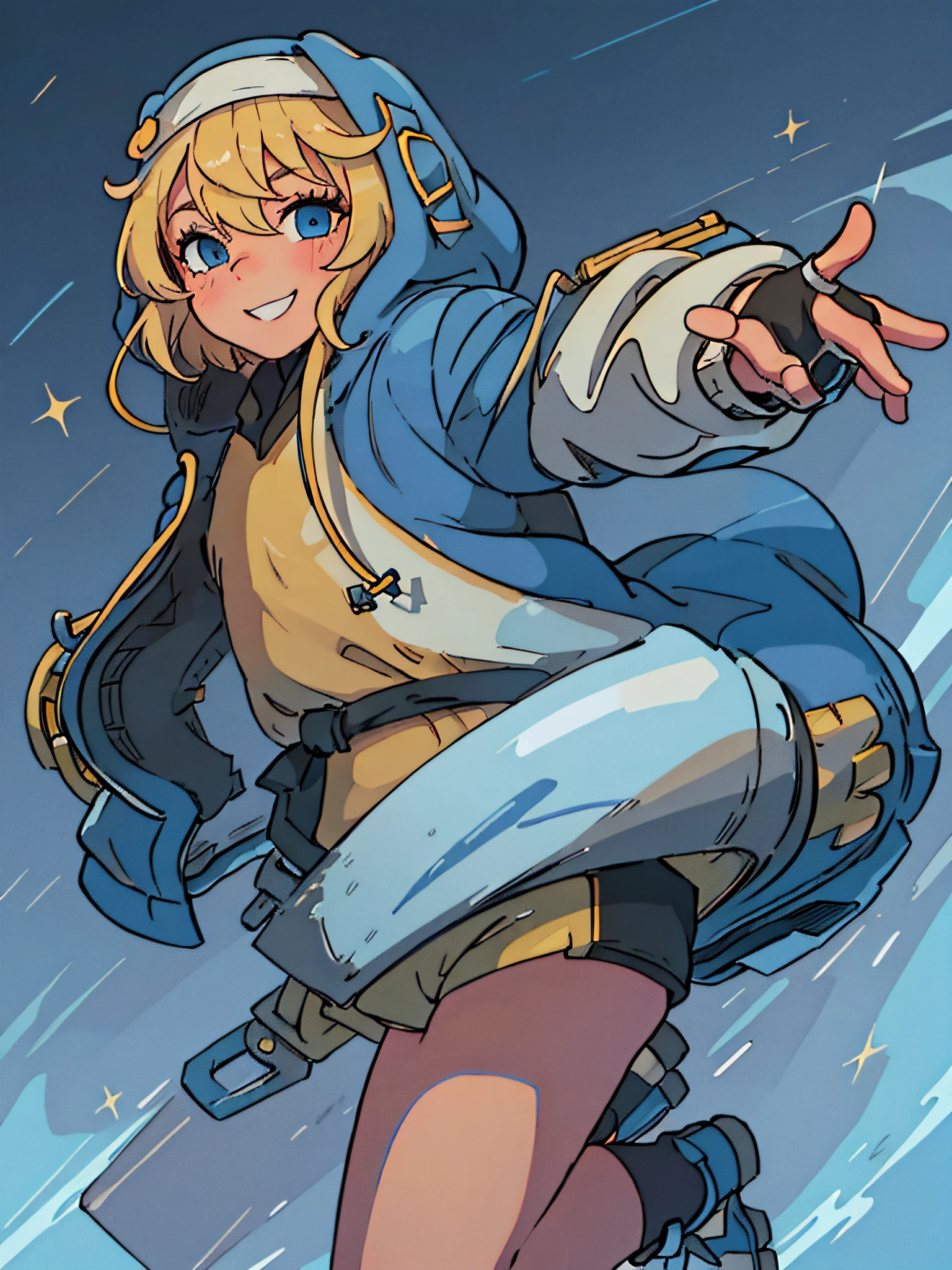 blonde hair, male focus, 1boy, hood, solo, gloves, looking at viewer, fingerless gloves, jacket, hooded jacket, hood up, long sleeves, habit, smile, hair between eyes, blush, black gloves, skirt, bangs, blue jacket, bike shorts, simple background, blue eyes, bridget girl, wink, yoyo