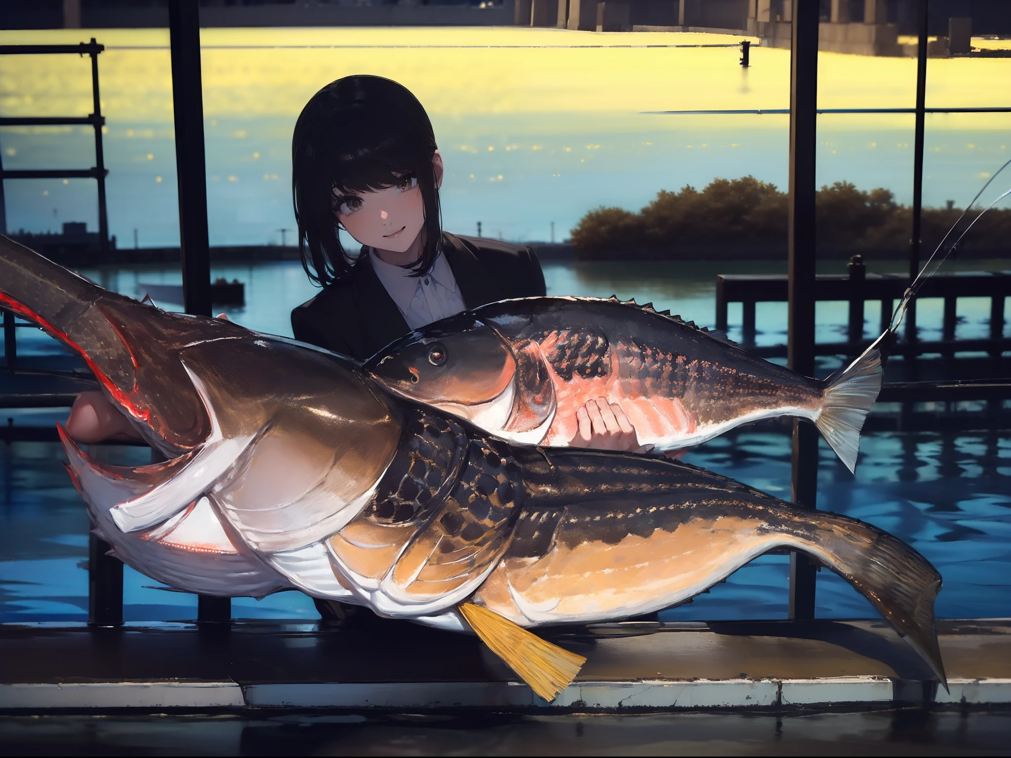 ((((Catch a big black bass by the lakeside:1.5)))),((1 Female 22 years old))((Best Quality, masterpiece :1.5)),(((Hands with the correct number and structure of fingers:1.4))),hight resolution,ultra-detailliert,​masterpiece,best qualtiy,,Black hair, long eyeslashes, Solid Circle Eyes, Smiling Woman, drop shadow, Atmospheric perspective,Super Detail, ccurate, small brest,(Black jacket :1.1),top-quality, blurry backround, bokeh dof:1.2, (​masterpiece:1.3),  Atmospheric perspective,Super Detail,dynamic compositions