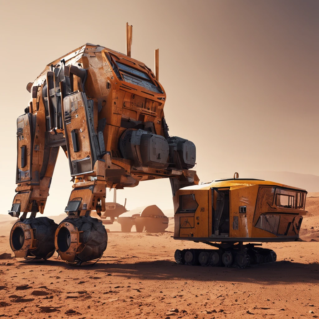There are many houses on the desolate Mars that use materials from Mars,Realism,There is a robotic arm construction vehicle with a nozzle building a house