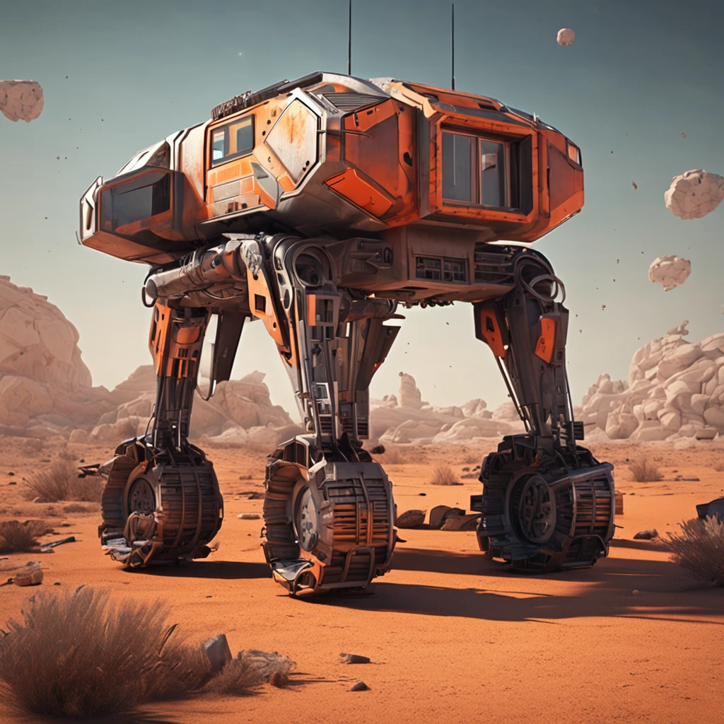 There are many houses on the desolate Mars that use materials from Mars，Realism，There is a robotic arm construction vehicle with a nozzle building a house