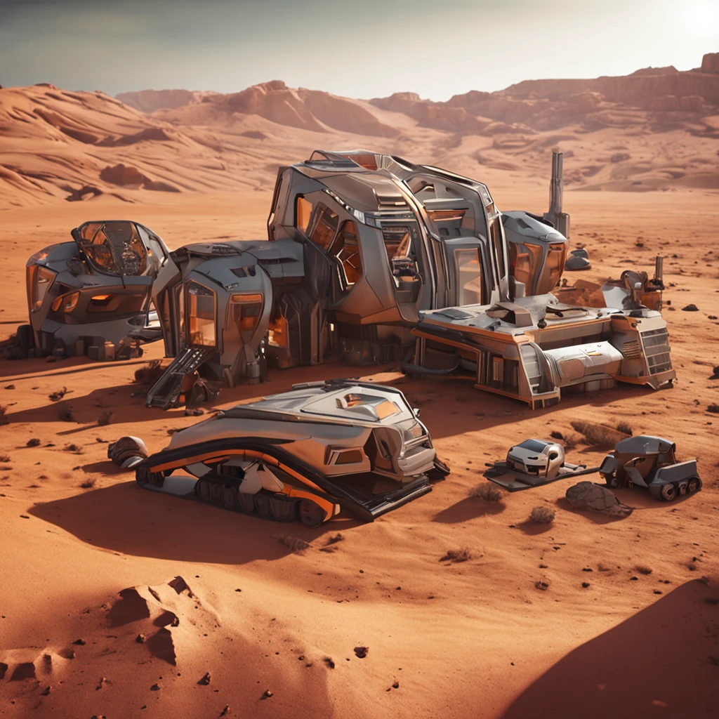 There are many houses on the desolate Mars that use materials from Mars，Realism，There is a robotic arm construction vehicle with a nozzle building a house