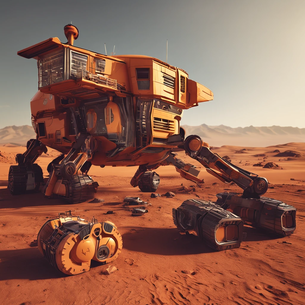 There are many houses on the desolate Mars that use materials from Mars，Realism，There is a robotic arm construction vehicle with a nozzle building a house