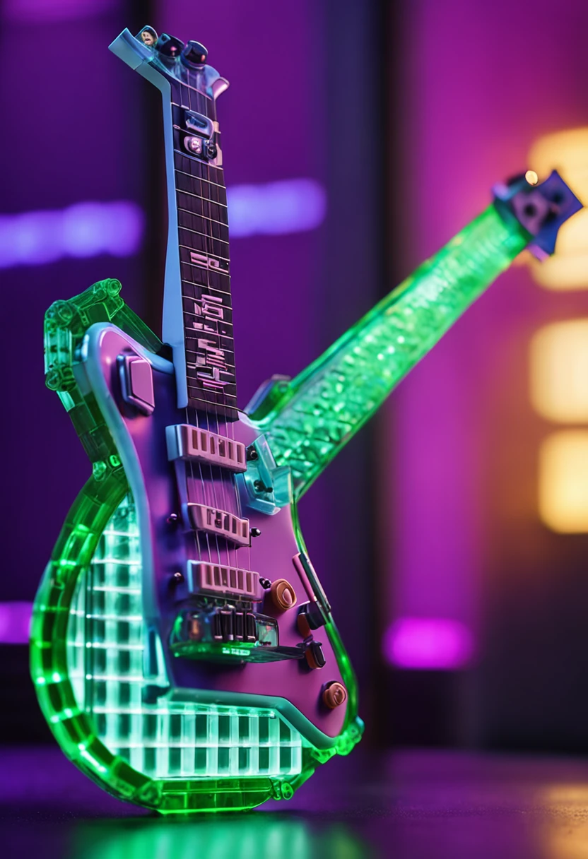 A Lego toy electric guitar made of colorful transparent bricks with a sleek futuristic cyberpunk aesthethic (oval shaped purple and blue transparent bricks, neon green trim lighting up, silver chrome parts, creative intricate shapes, tubes and knobs that twist and turn). Wide angle lens. Daylight studio setting. Product advertisement style. Shot with 35mm film.