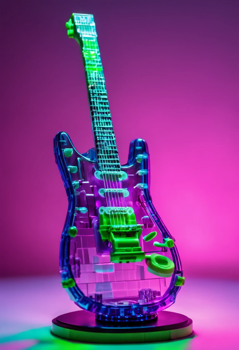 A Lego toy electric guitar made of colorful transparent bricks with a sleek futuristic cyberpunk aesthethic (oval shaped purple and blue transparent bricks, neon green trim lighting up, silver chrome parts, creative intricate shapes, tubes and knobs that twist and turn). Wide angle lens. Daylight studio setting. Product advertisement style. Shot with 35mm film.