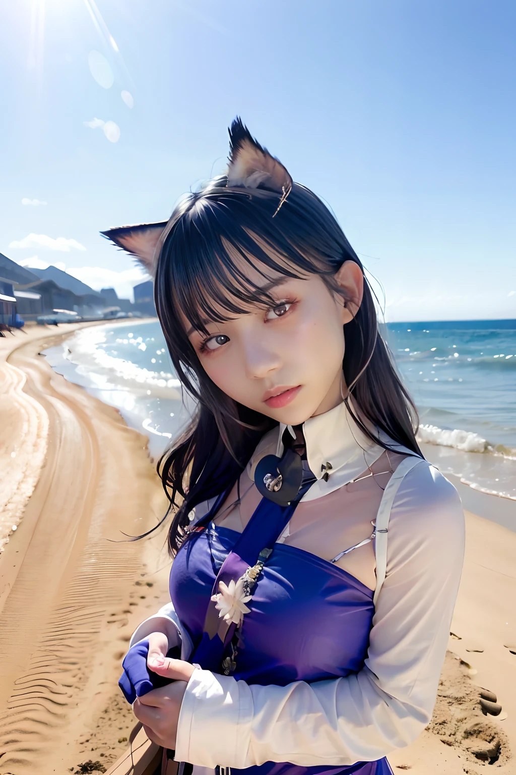 Photorealsitic, hight resolution, Korea person, Heterochromia eyes, small moles under eyes,Female, 35 years old、A MILF、Beach、sand beach、Seiza、Huza、shortpants、perfect bodies