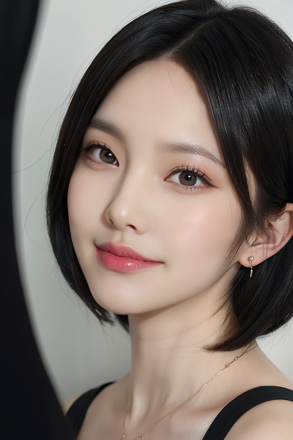 ((1 girl)), Black hair, longeyelashes, Solid Circle Eyes, lightsmile, Cute earrings, lightsmile, Shy, puckered lips, surrealism, drop shadow, stereograms, depth of fields, One-person viewpoint, 8K, Super Detail, Best Quality, hight resolution, short cut hair