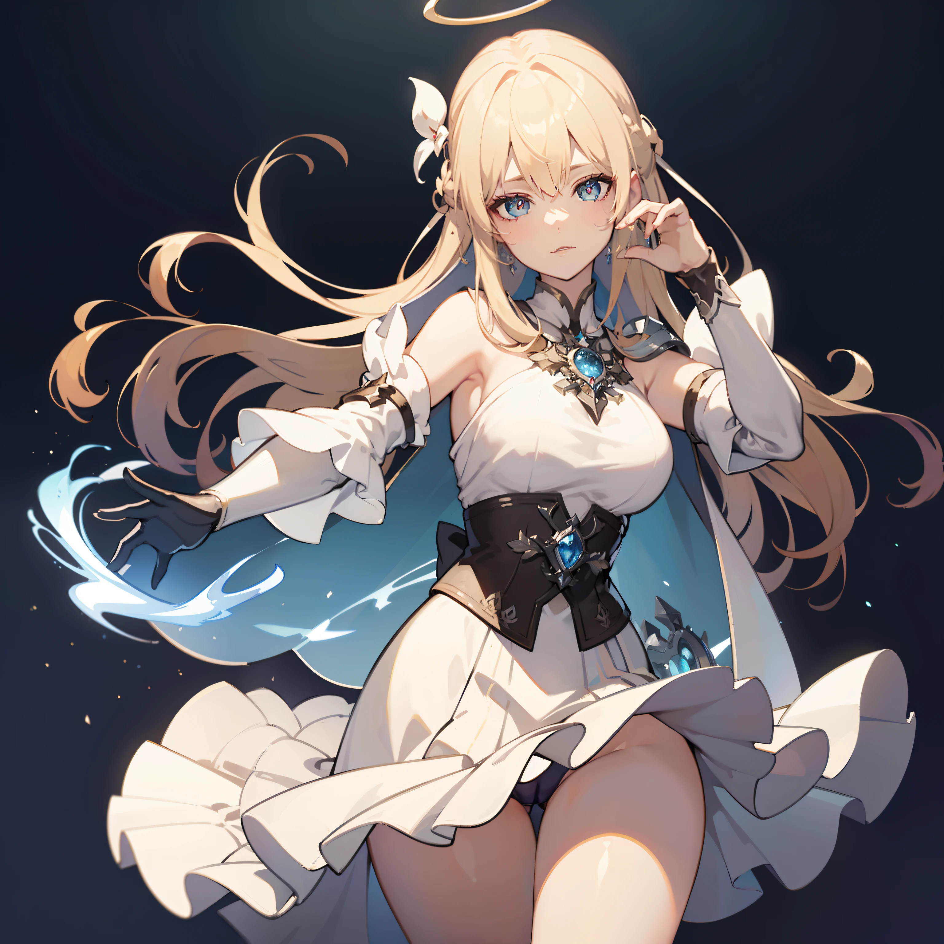 masterpiece, best quality, a woman in a white dress and a blue cape is standing, cushart krenz key art feminine, anime goddess, pixiv, pretty female cleric, digital art on pixiv, pixiv style, wlop rossdraws, alphonse mucha and rossdraws, guweiz, top rated on pixiv, rossdraws sakimimichan, crown, ((transparent clothing))), halo,