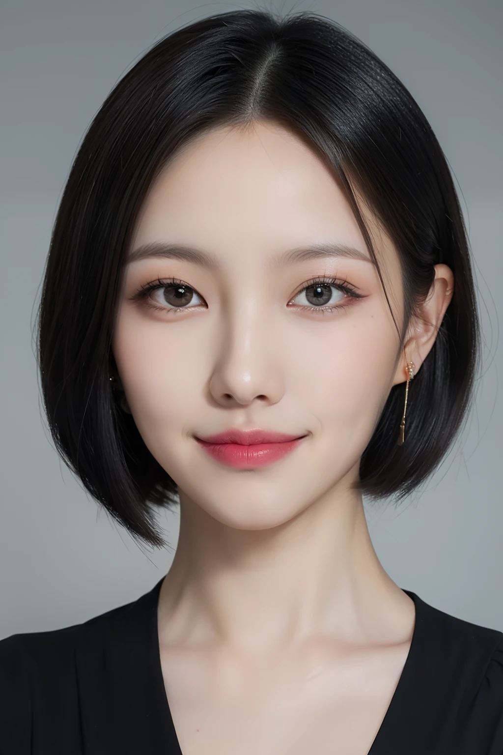 ((1 girl)), Black hair, longeyelashes, Solid Circle Eyes, lightsmile, Cute earrings, lightsmile, Shy, puckered lips, surrealism, drop shadow, stereograms, depth of fields, One-person viewpoint, 8K, Super Detail, Best Quality, hight resolution, short cut hair