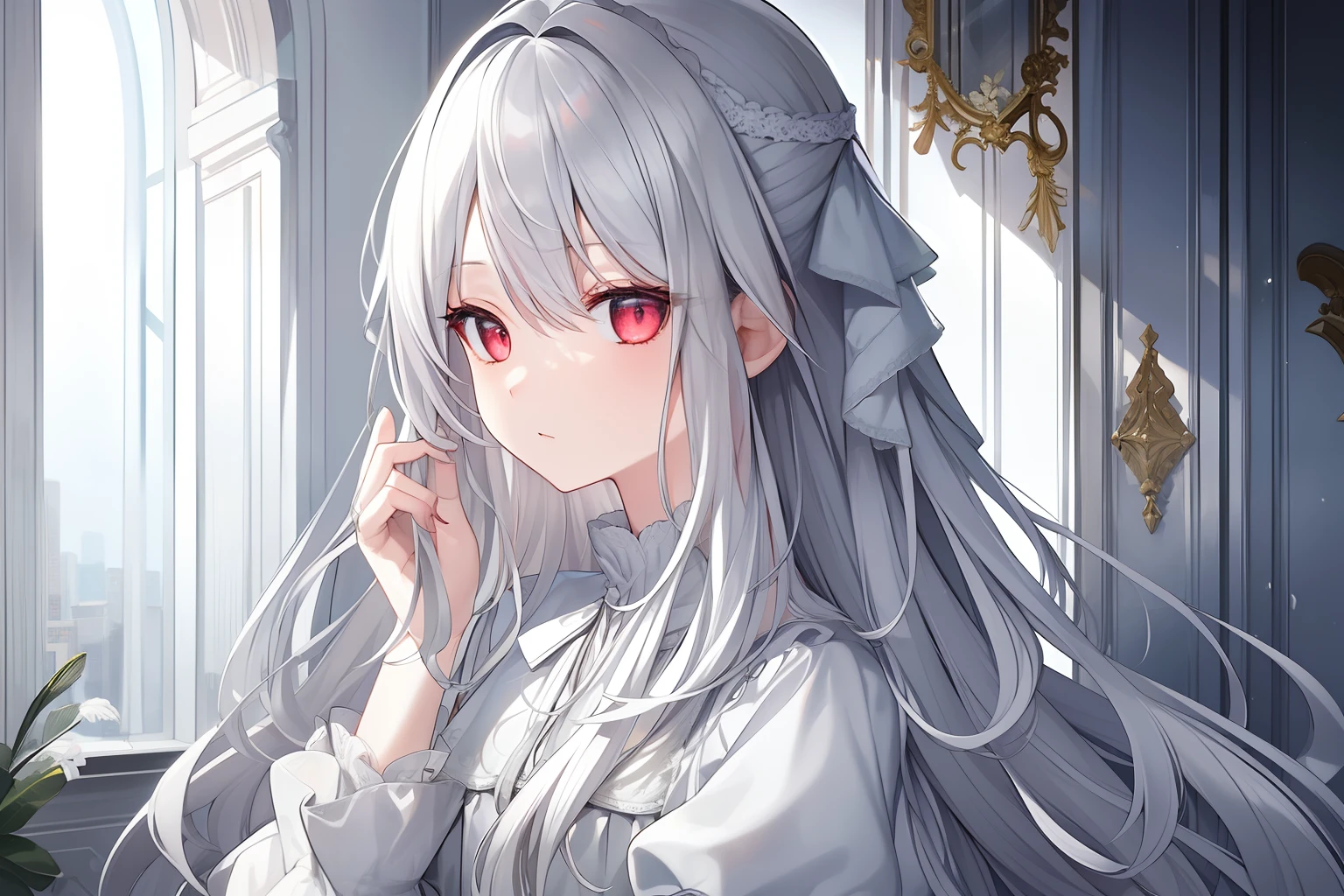 ((Masterpiece, Best quality))++, Detailed light+, Detail hair+, detail hand+ ,1girll, woman, Long hair, dark red eye, Beautiful eyes, Young gray hair,,(Beautiful white hair:1.5),(Beautiful detailed eyes), , high resolution+, Masterpiece, , Glass tones, Reflective eyes, {{Angle}} , extremelydetailedwallpaper, Original,full bodyesbian,Bedrooms,upper legs, Beth,starrysky,Issuing,,swim wears,,naturey