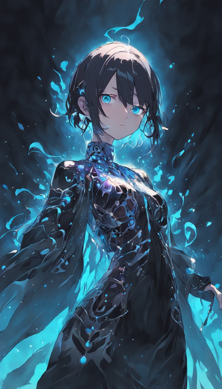 chrometech, metallic female cyborg wearing Patterned Bodysuit, Obsidian Black Necromancer Robe with Phantasmal Orbs: Phantasmal orbs float around the robe, exuding an eerie aura., (Byte Blue,Bright Midnight color background:1.3)