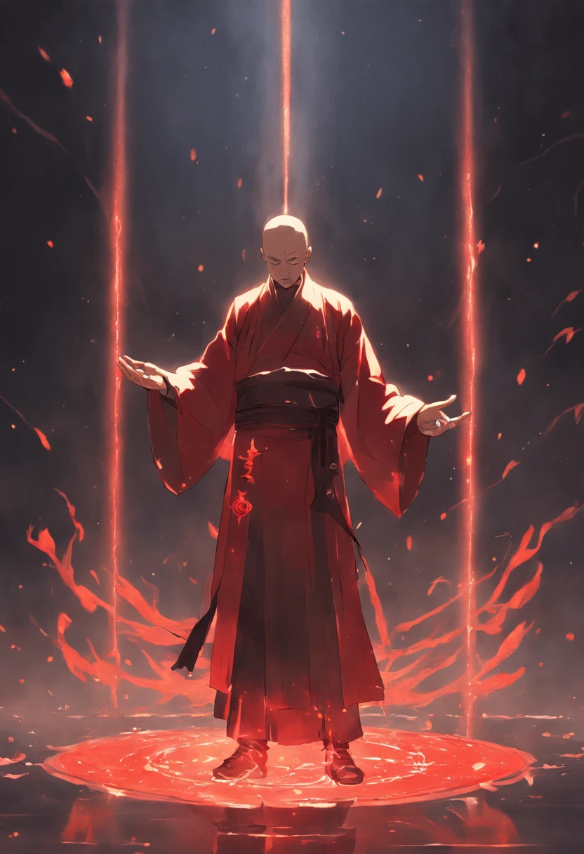 A small Taoist priest stood in front of a transparent red statue of light，Stretch your hands，Glow effects，Dingdall effect，depth of fields，high light，Real light，Ray traching，oc rendered，Hyper-realistic，best qualtiy，8K，Works of masters，super-fine，Detailed pubic hair，Correct anatomy，sharp focus on eyes，Bokeh，Facial features are carefully depicted