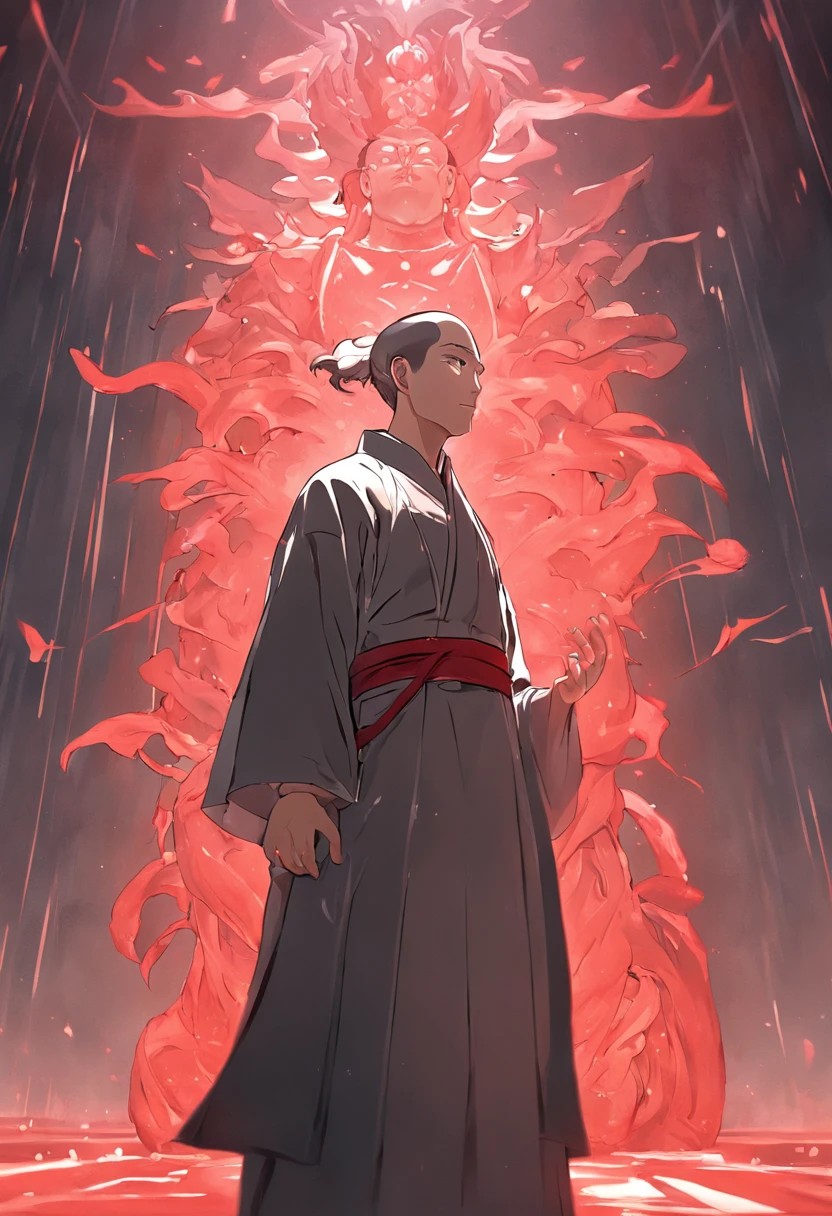 A small Taoist priest stood in front of a transparent red statue of light,Stretch your hands,Glow effects,Dingdall effect,depth of fields,high light,Real light,Ray traching,oc rendered,Hyper-realistic,best qualtiy,8K,Works of masters,super-fine,Detailed pubic hair,Correct anatomy,sharp focus on eyes,Bokeh,Facial features are carefully depicted