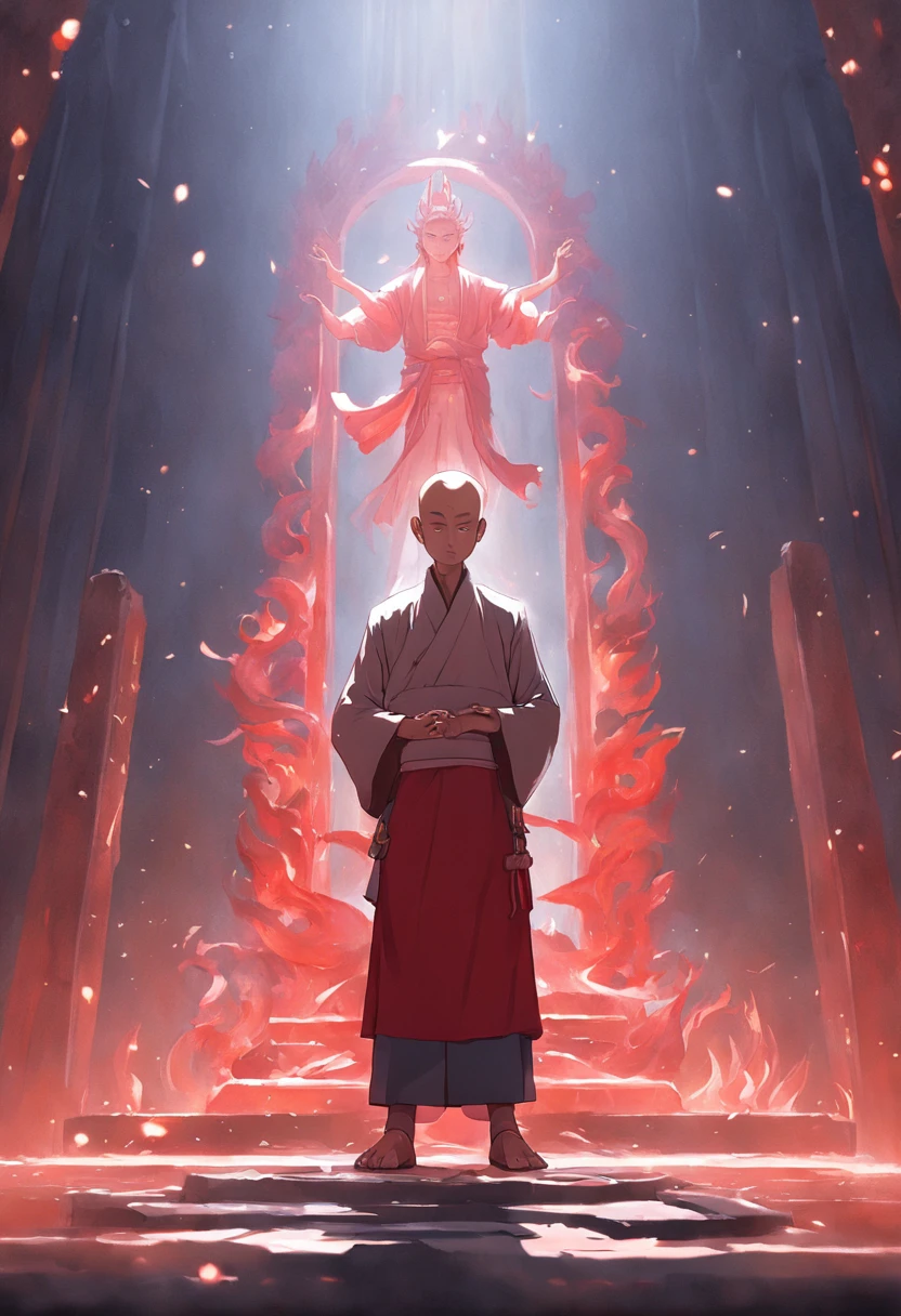 A small Taoist priest stood in front of a transparent red statue of light，Stretch your hands，Glow effects，Dingdall effect，depth of fields，high light，Real light，Ray traching，oc rendered，Hyper-realistic，best qualtiy，8K，Works of masters，super-fine，Detailed pubic hair，Correct anatomy，sharp focus on eyes，Bokeh，Facial features are carefully depicted