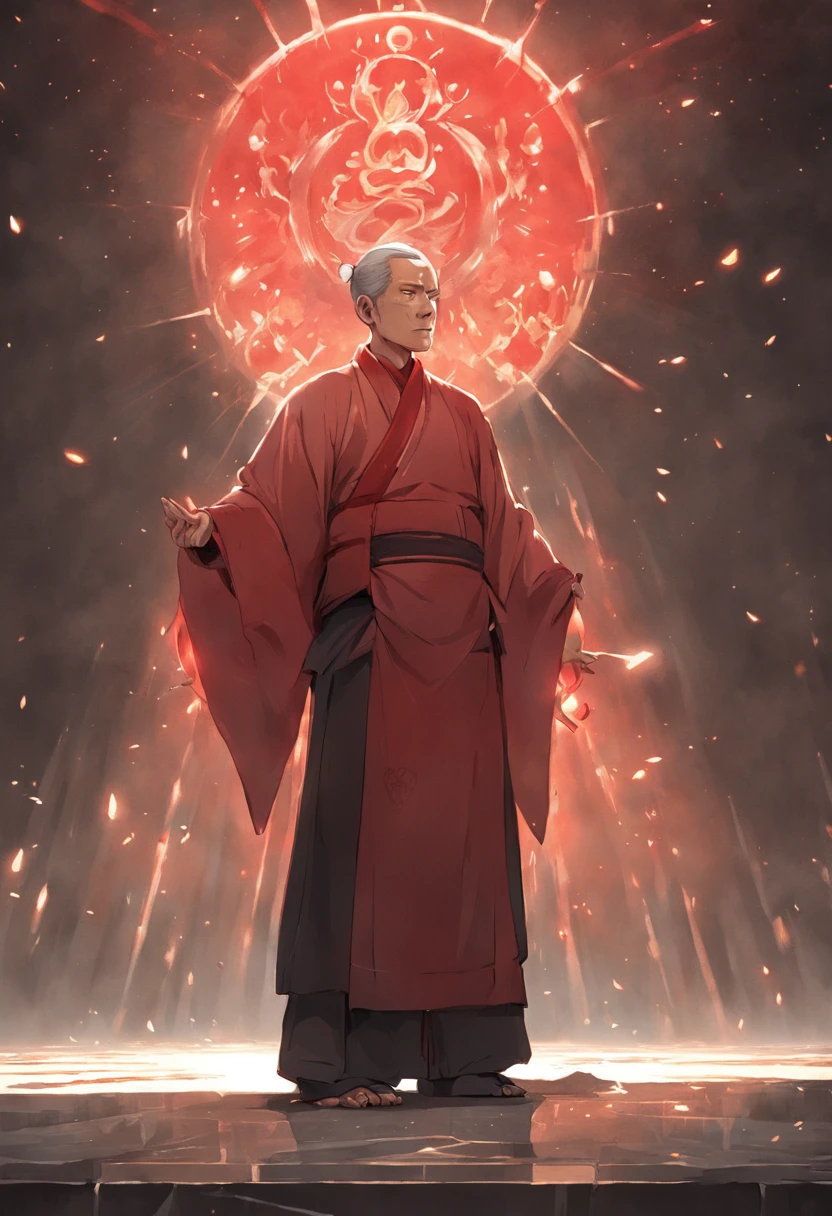 A small Taoist priest stood in front of a transparent red statue of light，Stretch your hands，Glow effects，Dingdall effect，depth of fields，high light，Real light，Ray traching，oc rendered，Hyper-realistic，best qualtiy，8K，Works of masters，super-fine，Detailed pubic hair，Correct anatomy，sharp focus on eyes，Bokeh，Facial features are carefully depicted