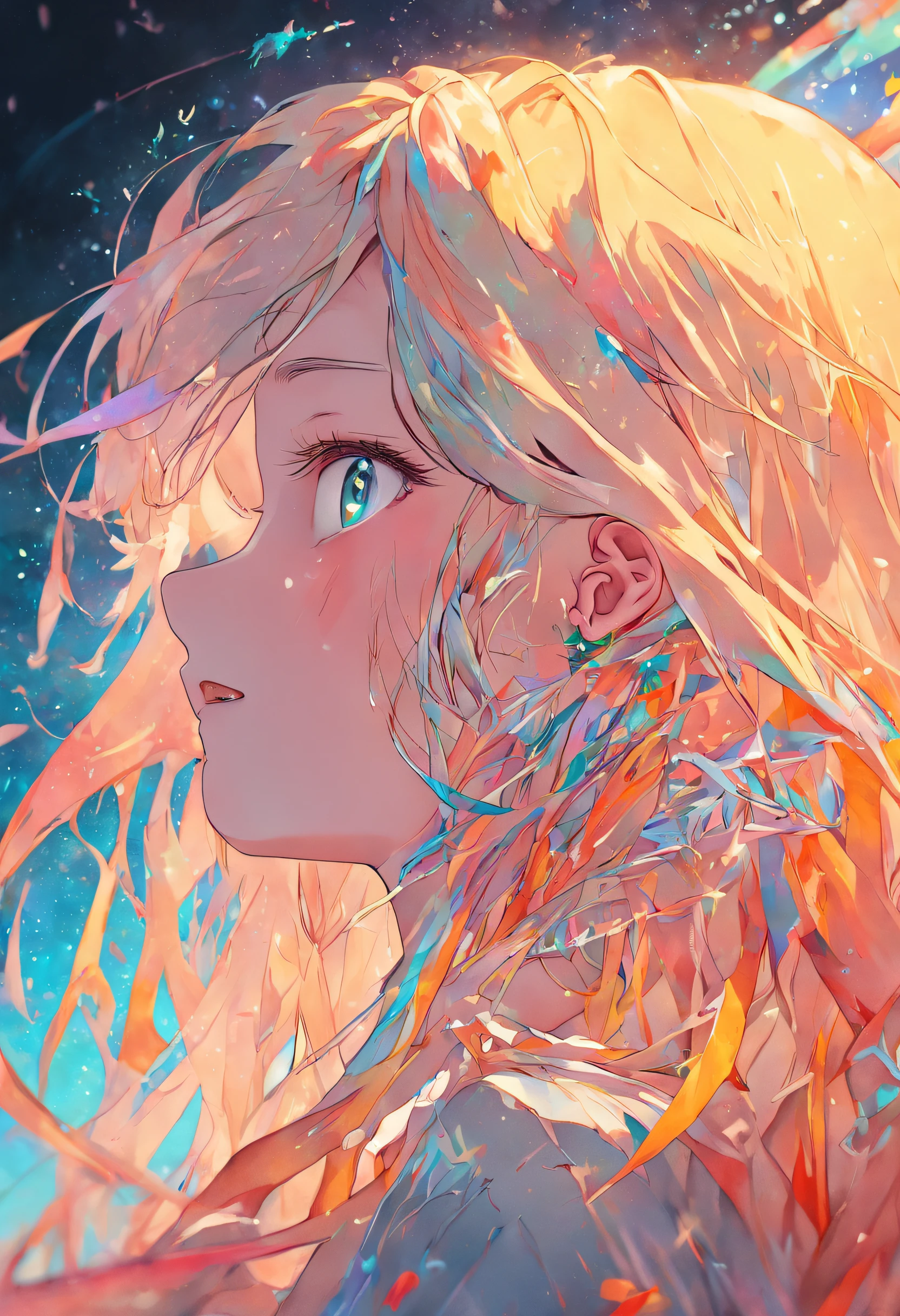 (Beauty side face,Long colored hair,close eyes,Masterpiece narcissus),rainbow colored background, (illustration:1.2,paper art:1.2, zentangle, 3D render),(Best quality, high detailed, Masterpiece, Cinematic Lighting, 4K, Chiaroscuro)