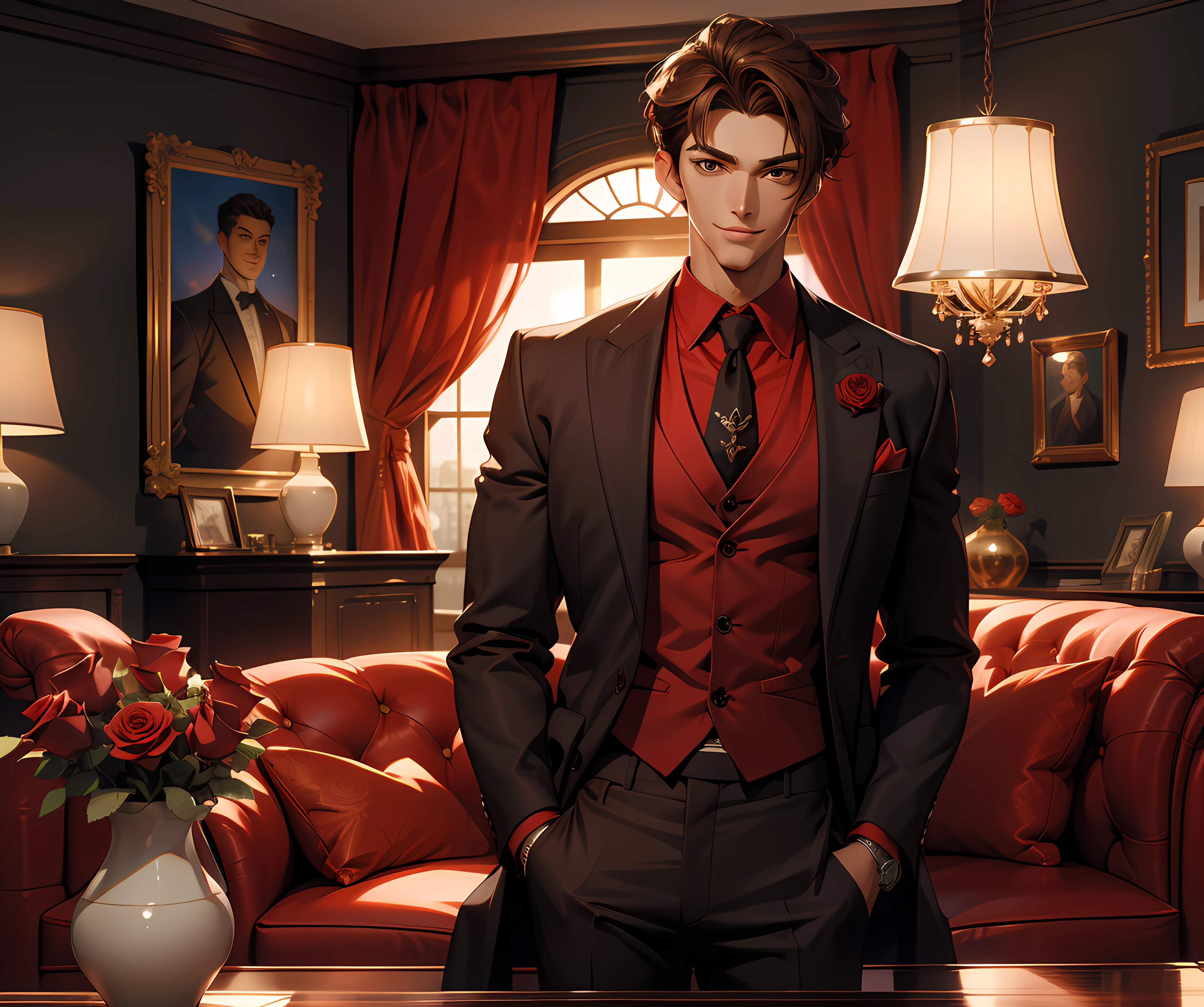 (absurdres, highres, ultra detailed), 1 male, adult, handsome, tall, brown hair, finely detailed brown eyes and detailed face, red silk shirt, black suit pants, smile, classy livingroom, roses, soft lighting, 8k resolution