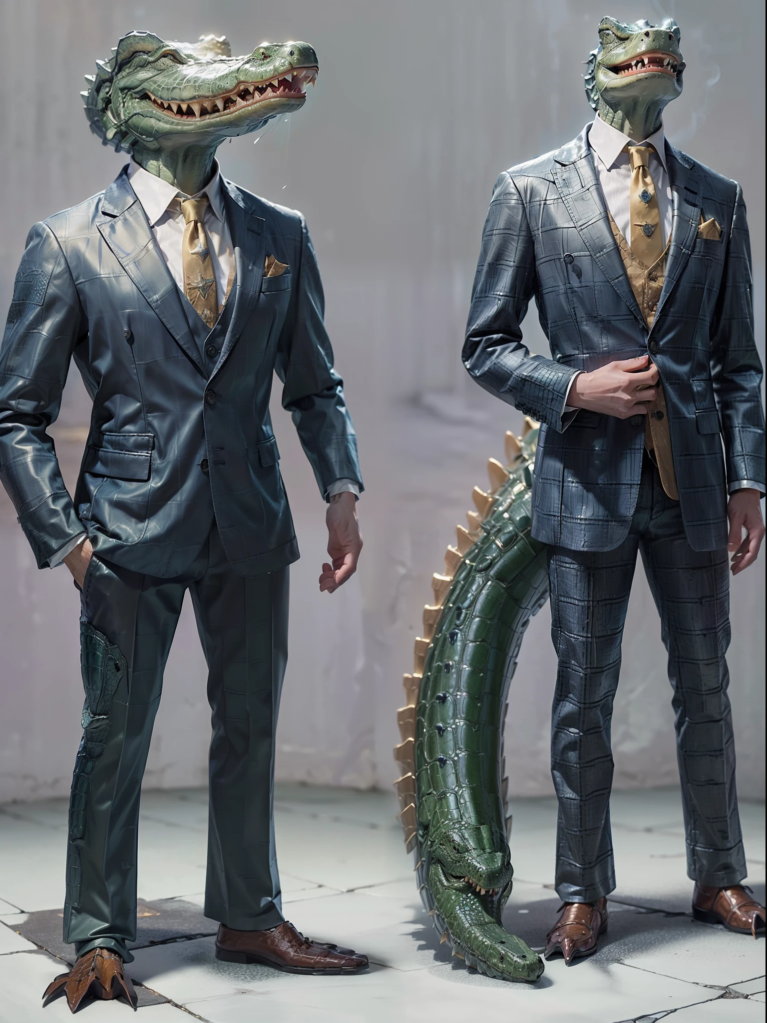 (((fullbody image、Standing posture)))、(Full body crocodile standing upright in luxury business suit、Humanoid crocodile、Cool anthropomorphic crocodile with long legs)、​masterpiece, top-quality, in 8K , intricate detailes, ultra-detailliert , light Particle、32K Digital Paint, Hyper-Realism, No background