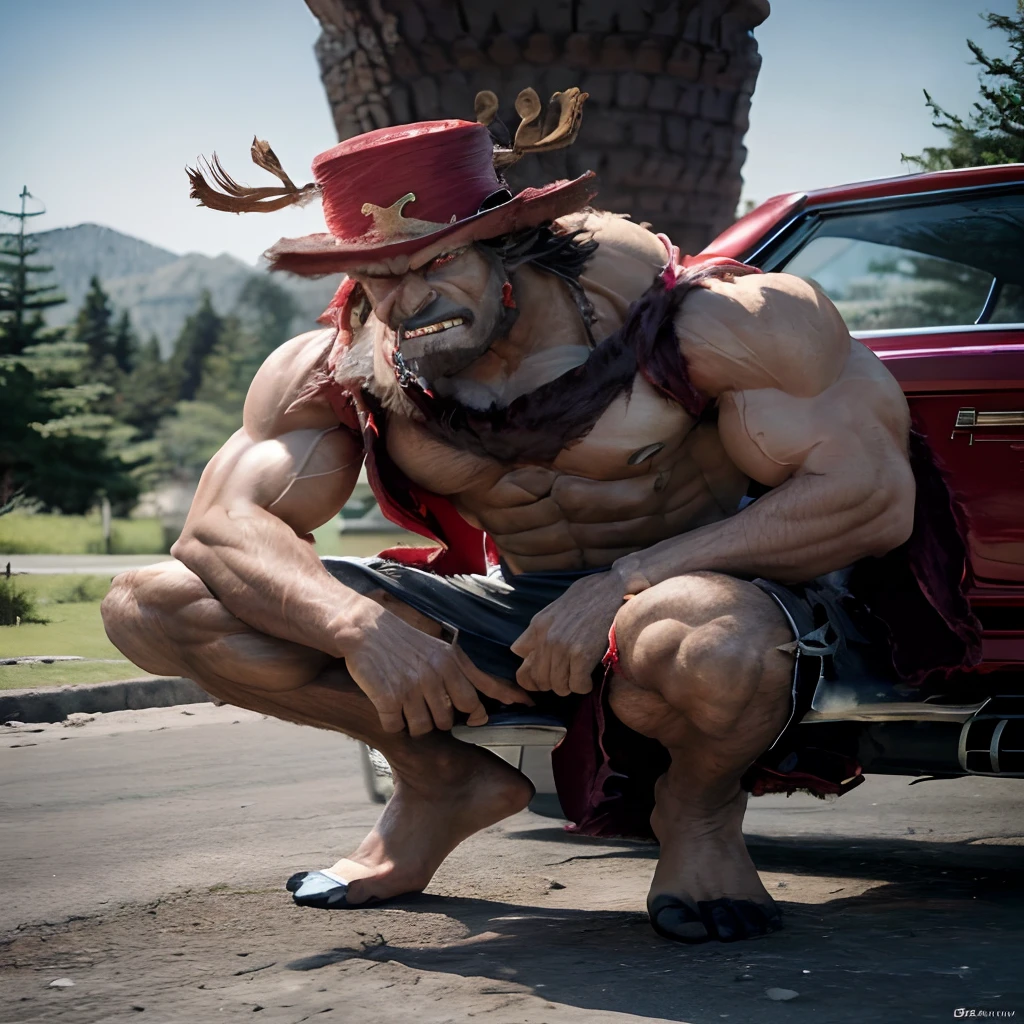 Arabe in hat and red shirt sitting in car, muscular werewolf, super buff and cool, muscular and terrifying, muscular character, from one piece, muscular characters, body covered with fur, manly monster tough guy, extreme muscles, as an ugly titan, very buff, absurdly muscular physique, goku in real life, Wrinkles and muscles, realistic cosplay