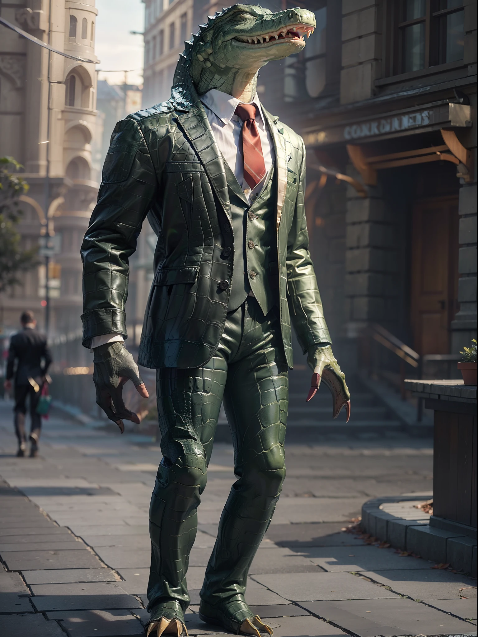 (((fullbody image、Standing posture)))、(Full body crocodile standing upright in luxury business suit、Humanoid crocodile、Cool anthropomorphic crocodile with long legs)、​masterpiece, top-quality, in 8K , intricate detailes, ultra-detailliert , light Particle、32K Digital Paint, Hyper-Realism, No background