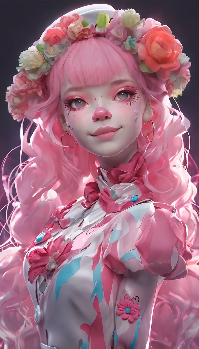 HDR,UHD,8K, best quality, masterpiece, Highly detailed, Studio lighting, physically-based rendering, 1girl, solo, a clown. colorful, clown hat and flowers, clown costume, gloves, heart drawing on face, light pink hair,(sad), white face, wavy hair, long hair, 2 ponytail, (upper body) full body