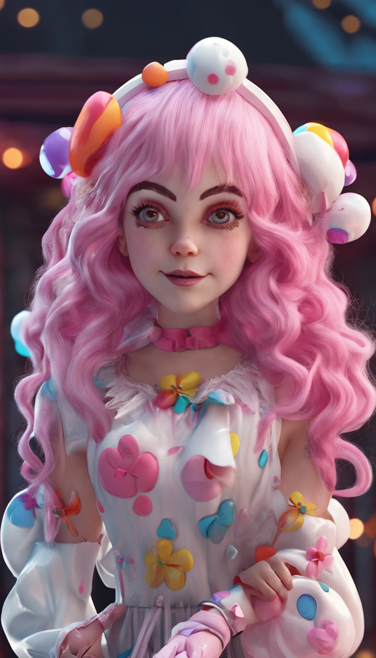 HDR,UHD,8K, best quality, masterpiece, Highly detailed, Studio lighting, physically-based rendering, 1girl, solo, a clown. colorful, clown hat and flowers, clown costume, gloves, heart drawing on face, light pink hair,(sad), white face, wavy hair, long hair, 2 ponytail, (upper body) full body