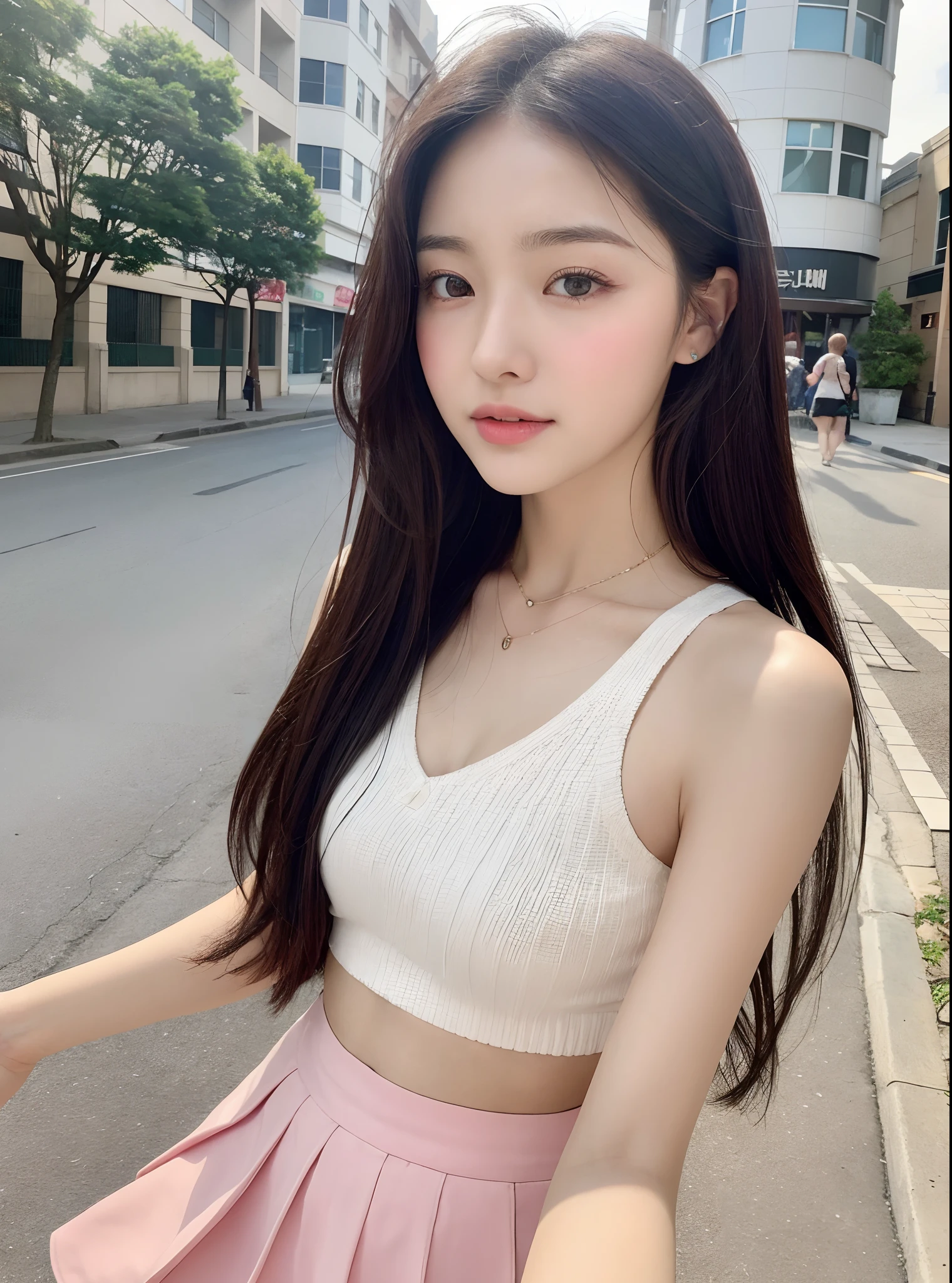 Single photo photo,((best qualtiy,8K,tmasterpiece:1.3)),Beautiful Women with Perfect Figure:1.4,glute:1.2,(Layered Hair Style:1.2)),(the street:1.3),Highly Detailed Face and Skin Textur,full bodyesbian,Elaborate Eyes,二重まぶた,Whitens the skin,Cute Korean beauty(with a round face:1.5),(Pink top,short skirt:1.6)ssmile