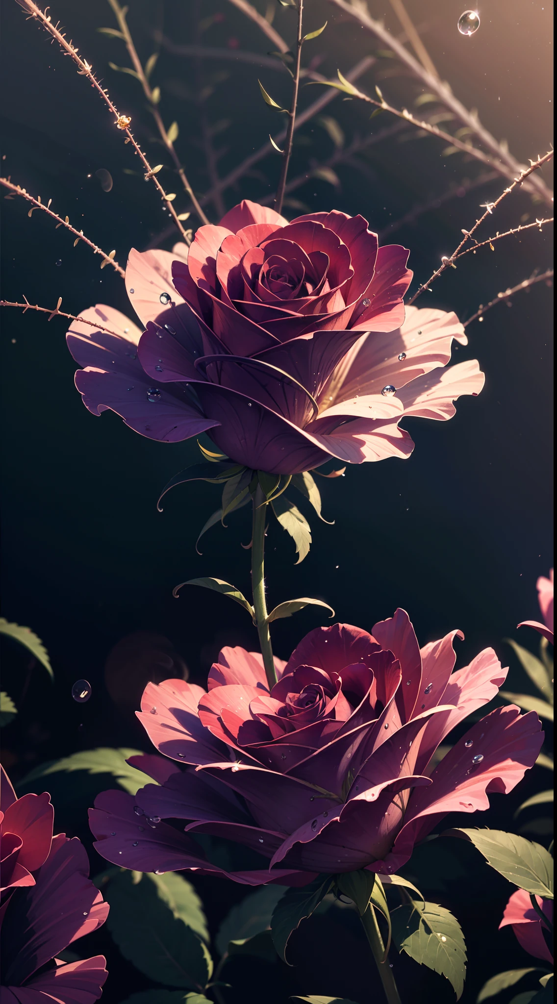 microscopic world , Masterpiece , Macro photography , cobweb, film grain, bokeh , smoke , highly detailed, Bright sunny weather, microflowers, drops, blur, realistic rose close-up, azure background, soft contrast, octane render , unreal engine